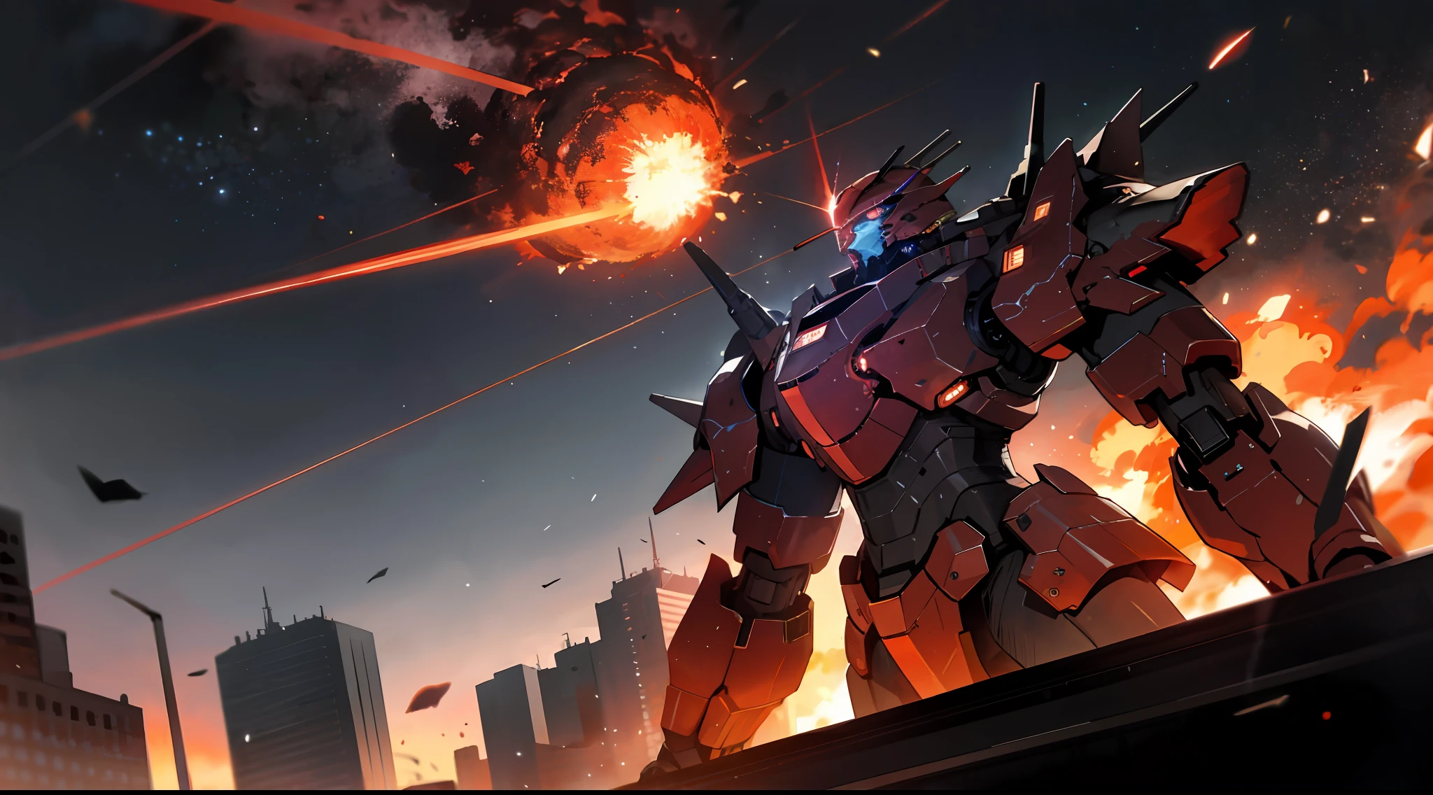 Armored core in a flaming city, cosmic sky with burning red nebulae