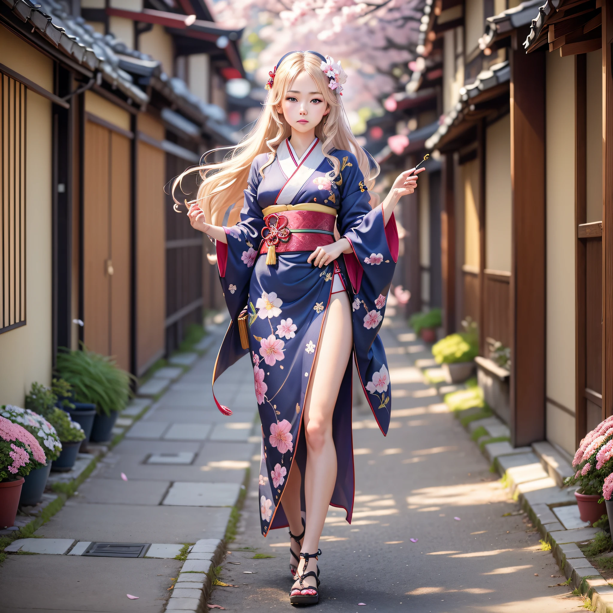 full body,full shot,sfw,beautiful russian girl in an image of a geisha with big bright blue eyes and long fluffy eyelashes Nordic type with a perfect miniature and graceful figure and very long and fluffy wavy wheat-colored hair stands in full growth on the alley in front of a blooming Japanese pink sakura in Japanese kimono colour blue#0018F9 and Japanese shoes gatte, The kimono of the girl is laced with intricate patterns of appliqué and embroidery of sakura blossoms, small breasts with bulges are translucent through the fabric, the ground on which the girl stands is studded with sakura petals, scene highly artistic, high resolution, sharp focus, Migjorni-V5 artistic style, hyperphotorealism, perfect proportions, golden ratio, flare, outline, sunlight, soft glow, soft focus, photography technique Monocle. --auto --s2