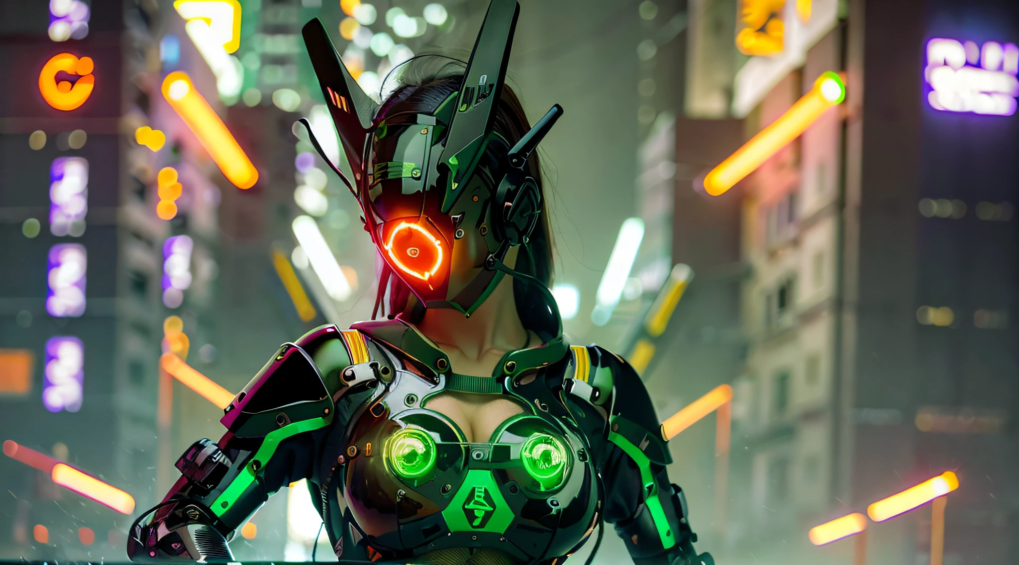 Original, masterpiece, best quality, a cyborg woman in a green circle illuminates cyberhelmet with orange ears, with orange jacket, big breasts, futuristic cyberpunk city, rainy night, on the street