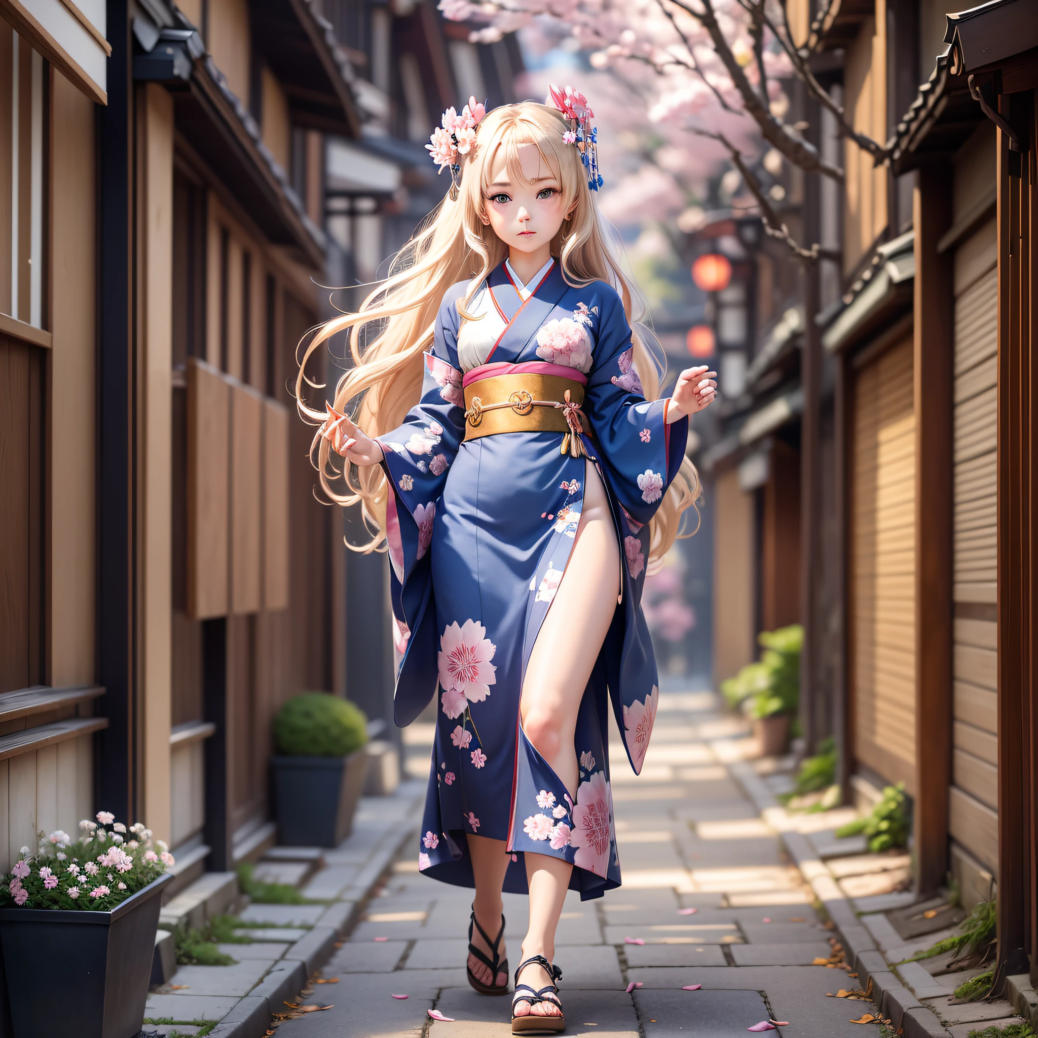 full body,full shot,sfw,beautiful russian girl in an image of a geisha with big bright blue eyes and long fluffy eyelashes Nordic type with a perfect miniature and graceful figure and very long and fluffy wavy wheat-colored hair stands in full growth on the alley in front of a blooming Japanese pink sakura in Japanese kimono colour blue#0018F9 and Japanese shoes gatte, The kimono of the girl is laced with intricate patterns of appliqué and embroidery of sakura blossoms, small breasts with bulges are translucent through the fabric, the ground on which the girl stands is studded with sakura petals, scene highly artistic, high resolution, sharp focus, Migjorni-V5 artistic style, hyperphotorealism, perfect proportions, golden ratio, flare, outline, sunlight, soft glow, soft focus, photography technique Monocle. --auto --s2