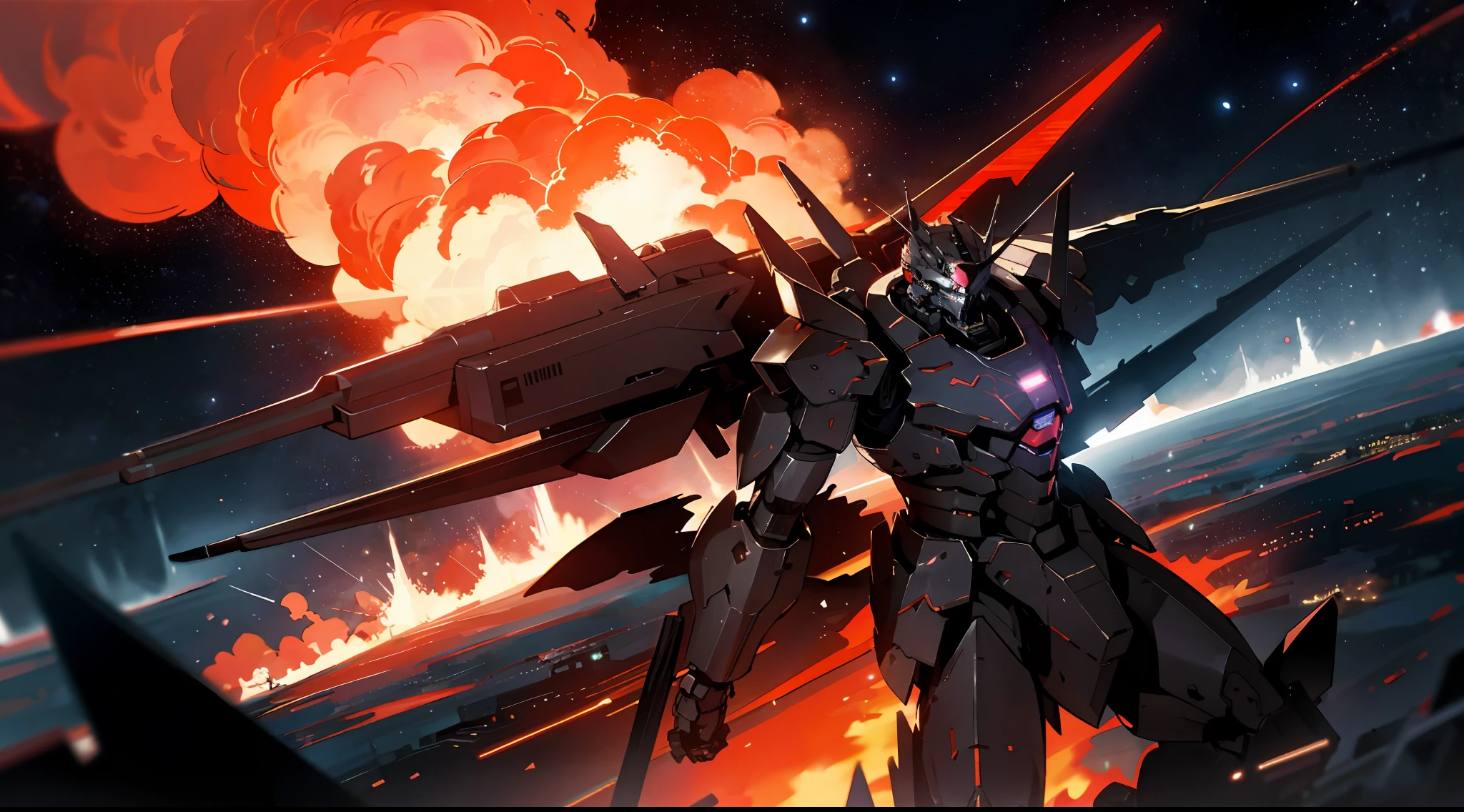 Armored core in a flaming city, cosmic sky with burning red nebulae