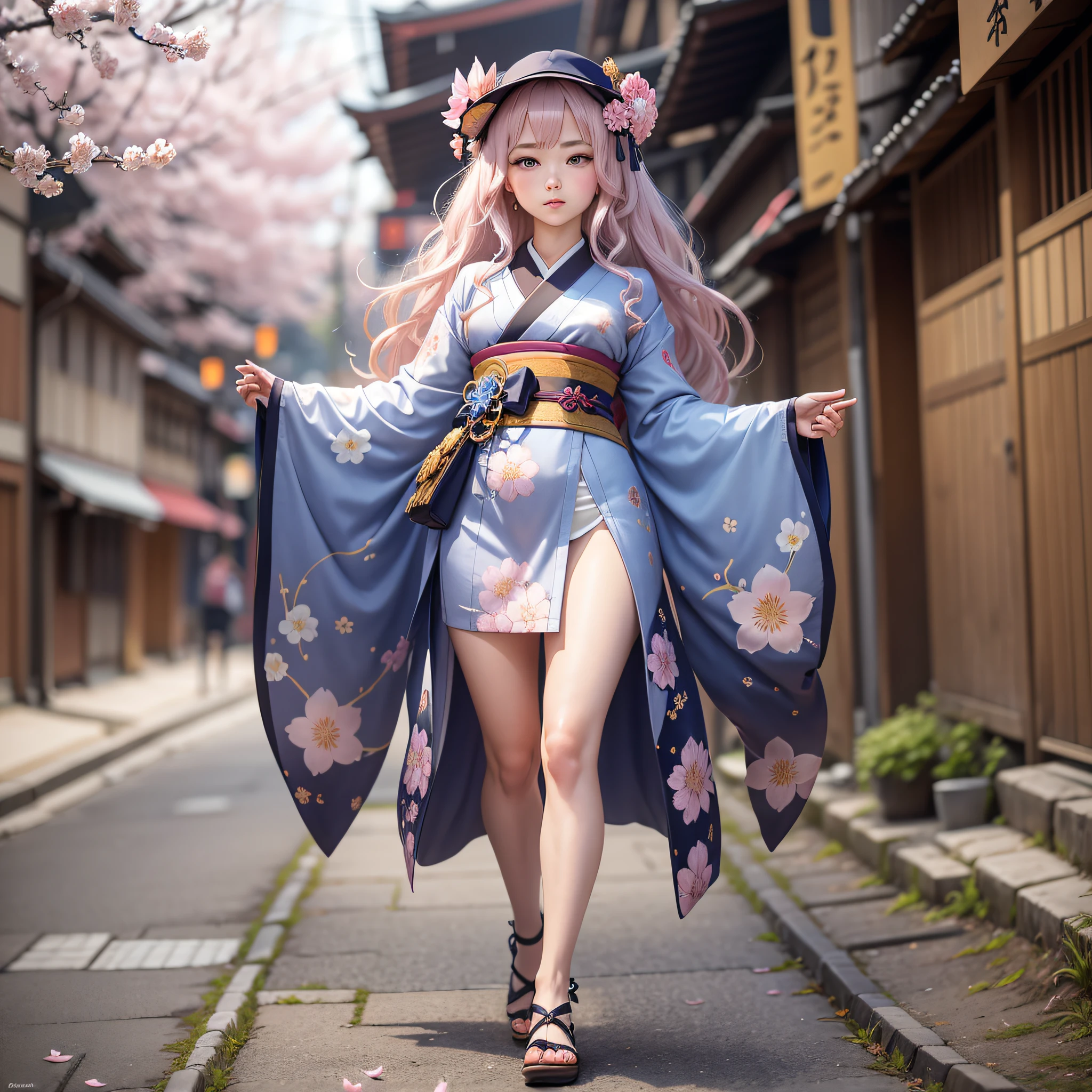 full body,full shot,sfw,beautiful russian girl in an image of a geisha with big bright blue eyes and long fluffy eyelashes Nordic type with a perfect miniature and graceful figure and very long and fluffy wavy wheat-colored hair stands in full growth on the alley in front of a blooming Japanese pink sakura in Japanese kimono colour blue#0018F9 and Japanese shoes gatte, The kimono of the girl is laced with intricate patterns of appliqué and embroidery of sakura blossoms, small breasts with bulges are translucent through the fabric, the ground on which the girl stands is studded with sakura petals, scene highly artistic, high resolution, sharp focus, Migjorni-V5 artistic style, hyperphotorealism, perfect proportions, golden ratio, flare, outline, sunlight, soft glow, soft focus, photography technique Monocle. --auto --s2