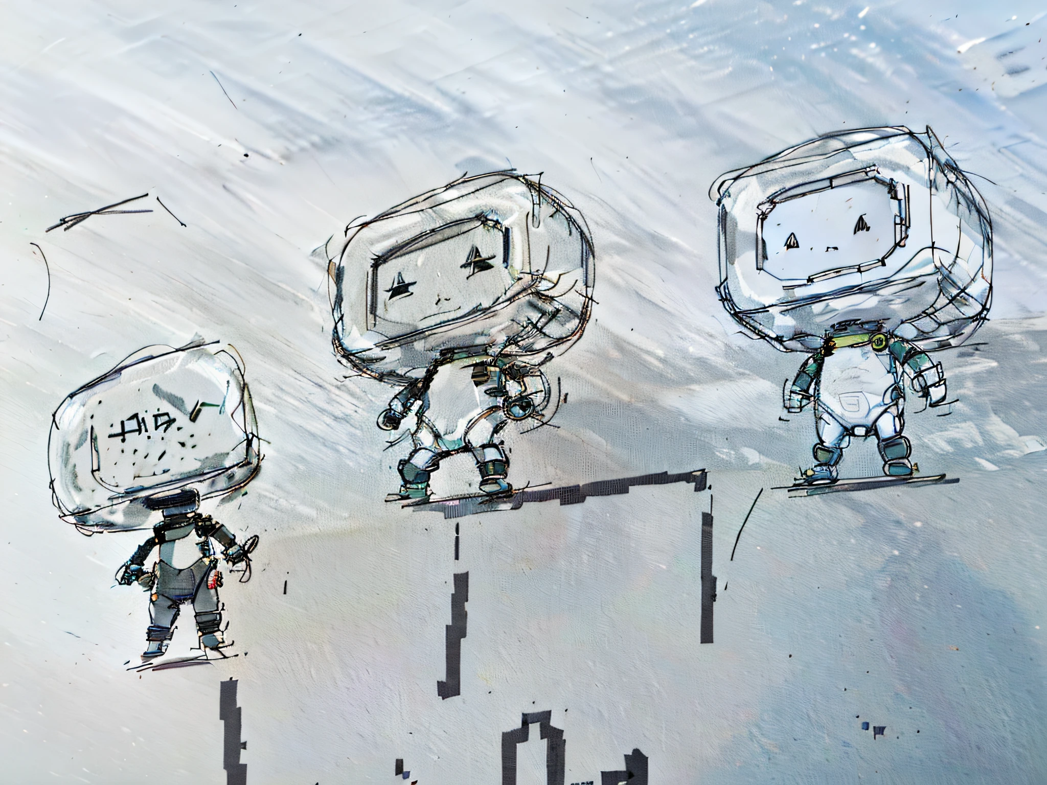 sketches of a couple of people with a computer on their heads, video game character concept, concept character, concept sketches, concept art for a video game, video game character design, game character design, ( ( character concept art ) ), small astronauts, character concepts, concept sketch, character concept, official concept art, character design sketch, video game fanart