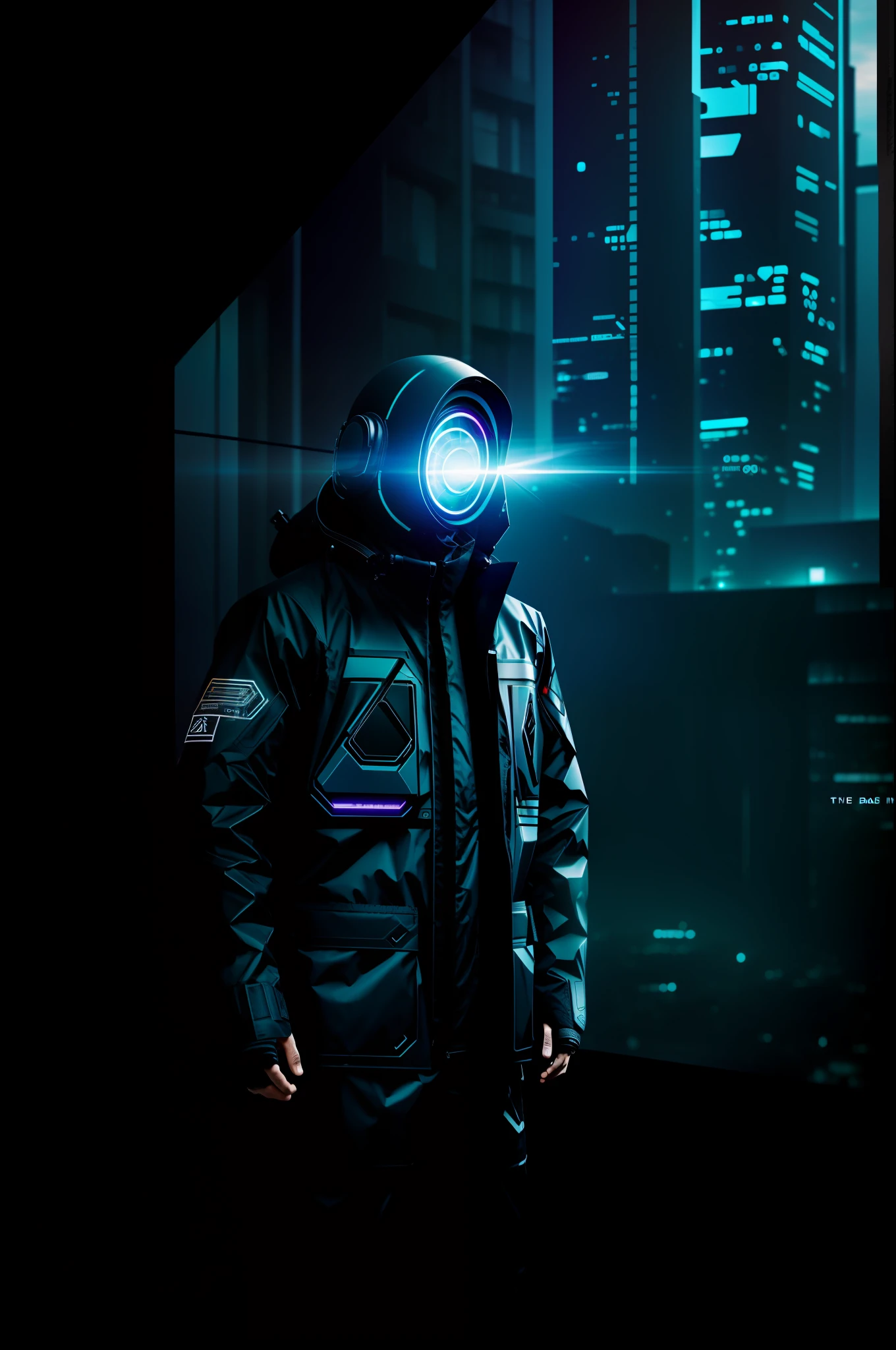 Poster design, clothing exhibition, technology, storm suit, exhibition, blue, beam sense, cyberpunk style, urban background