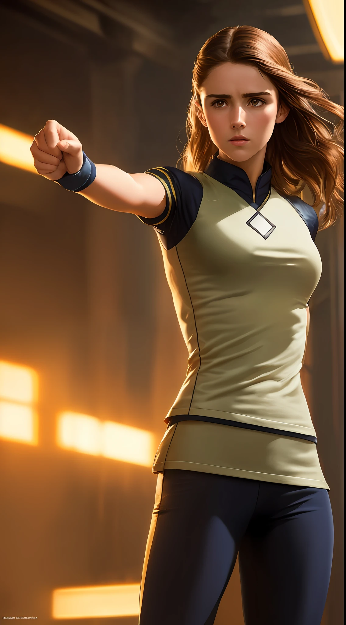 "(8k, 4k, best quality, ultra-high resolution:1.1), (masterpiece, realistic, photo-realistic:1.1), 1girl, Poppy Drayton as Kitty Pryde of the x-men, strong fighting pose, clenched fists, perfect eyes, sweaty, wearing Cropped Blouse."