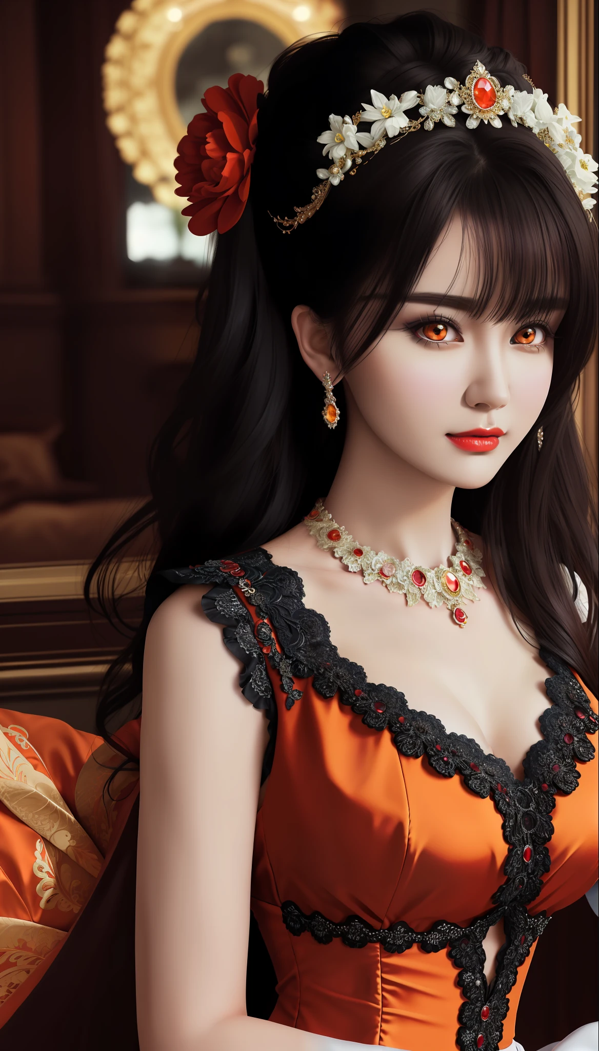 1 girl, looking at viewer, upper body, realistic, large breasts and round, excessively frilled princess dress, draped clothes, jewelry, ornament, flower, lace trim, beautiful big and round orange eyes, sharp eyebrows, very sharp and detailed peacock eyelashes and makeup, red lips, Smile without opening your lips, long silky black hair and jewelry clips, masterpiece, best quality, 8k, detailed skin texture, detailed cloth texture, beautiful detailed face, intricate details, ultra detailed, rim lighting, side lighting, cinematic light, ultra high res, 8k uhd, film grain,best shadow, delicate, RAW