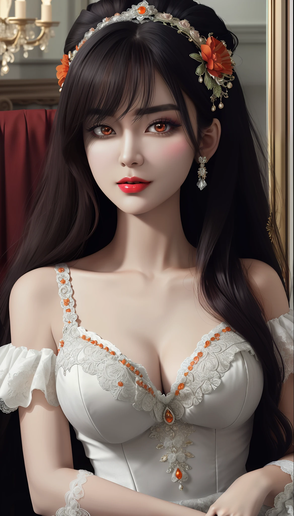 1 girl, looking at viewer, upper body, realistic, large breasts and round, excessively frilled princess dress, draped clothes, jewelry, ornament, flower, lace trim, beautiful big and round orange eyes, sharp eyebrows, very sharp and detailed peacock eyelashes and makeup, red lips, Smile without opening your lips, long silky black hair and jewelry clips, masterpiece, best quality, 8k, detailed skin texture, detailed cloth texture, beautiful detailed face, intricate details, ultra detailed, rim lighting, side lighting, cinematic light, ultra high res, 8k uhd, film grain,best shadow, delicate, RAW