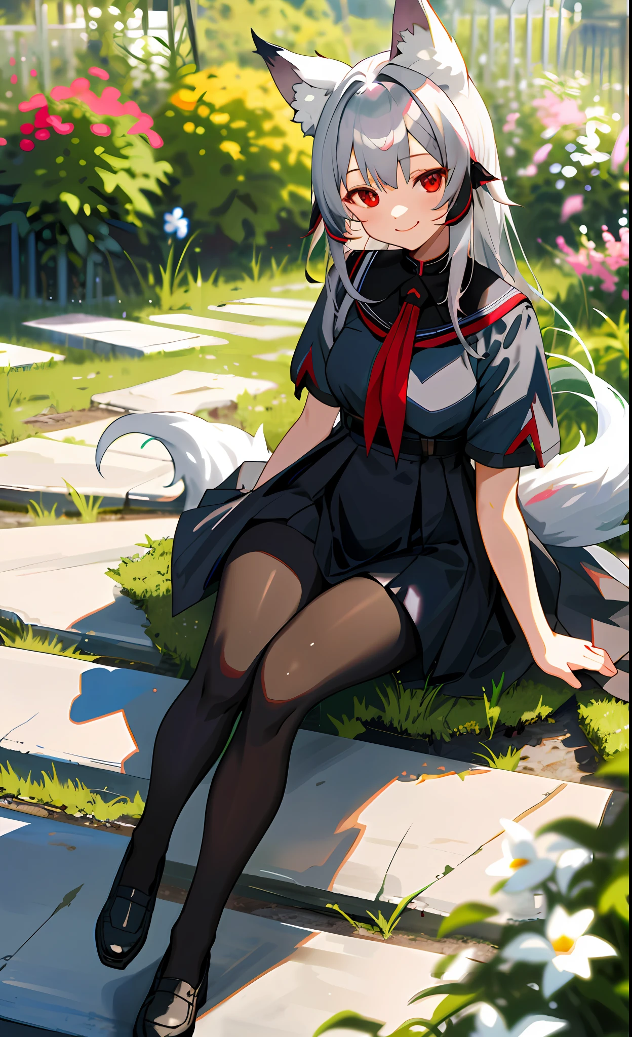 Masterpiece,1 Girl,Solo,Shira School,Seated,Big,Light Smile, Outdoor,Garden,Spring,black_pantyhose,Masterpiece, Best Quality, SFW, Cute Wolf Girl, Girl, Silver Hair, Big, Red Eyes, Wolf Ears, Wolf Tail,