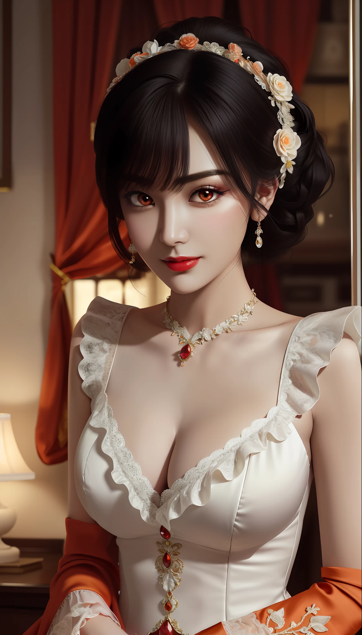 1 girl, looking at viewer, upper body, realistic, large breasts and round, excessively frilled princess dress, draped clothes, jewelry, ornament, flower, lace trim, beautiful big and round orange eyes, sharp eyebrows, very sharp and detailed peacock eyelashes and makeup, red lips, Smile without opening your lips, long silky black hair and jewelry clips, masterpiece, best quality, 8k, detailed skin texture, detailed cloth texture, beautiful detailed face, intricate details, ultra detailed, rim lighting, side lighting, cinematic light, ultra high res, 8k uhd, film grain,best shadow, delicate, RAW