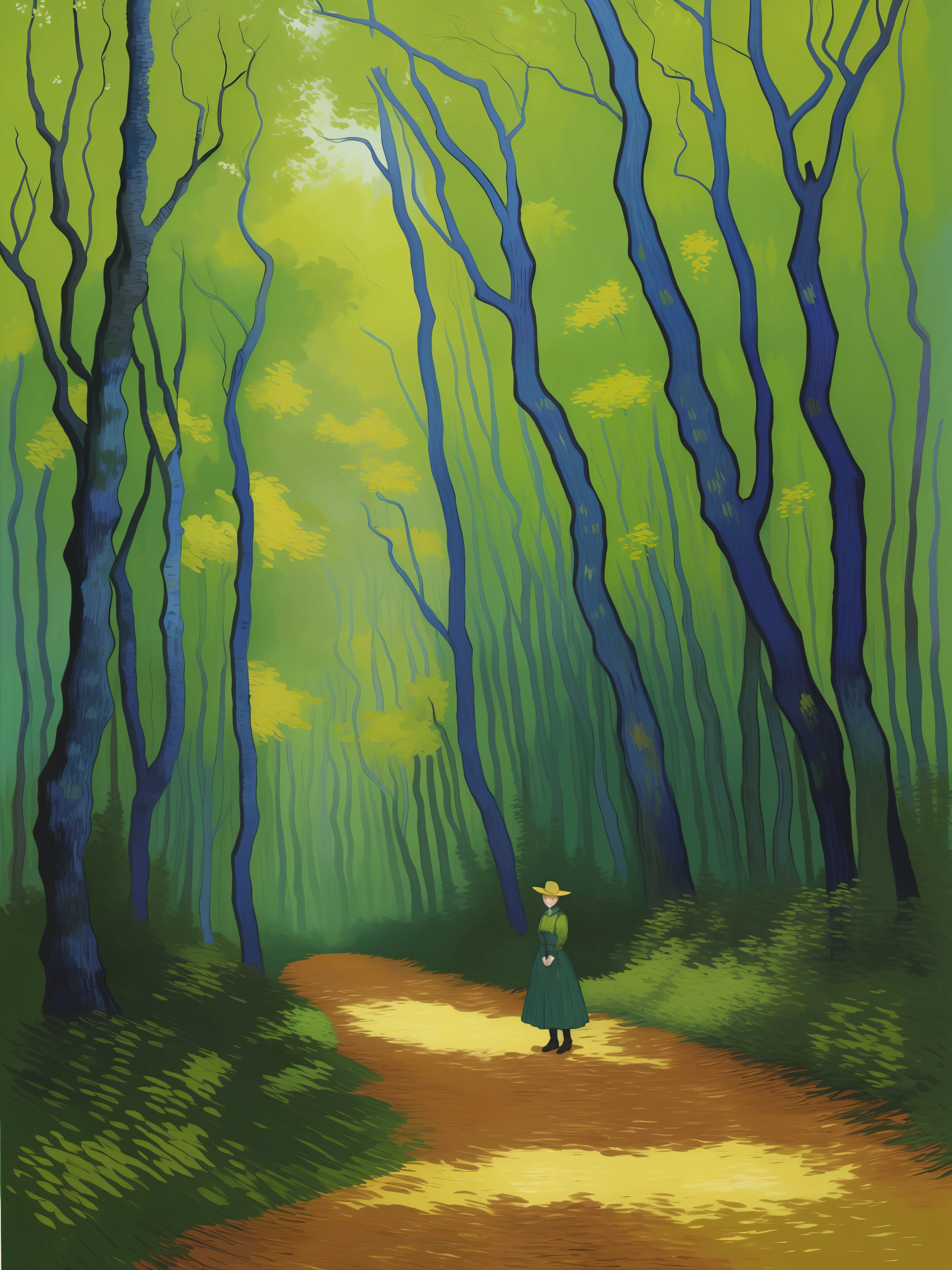 A painting, Van Gogh, standing in the forest, Vincent van Gogh, Van Gogh Art Style, Woman in a Dark Forest, In a Dense Forest, In a Green Forest, Through the Forest, Painting the Forest, Van Gogh's Style, Yukihiko Yasuda