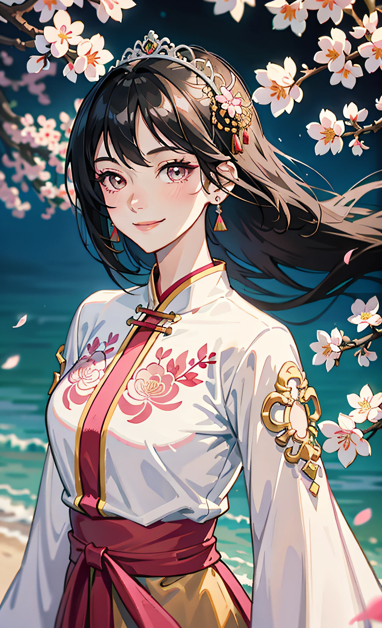 Official Art Illustration, Antique Beauty, Cute, Smiling Emoji, Black Hair, Smile Emoji, Floating Hair, Delicate Eyes, White Chinese Style Costume, Gorgeous Accessories, Intricate Filigree, Wearing Earrings, Sexy, FOV, F/1.8, Masterpiece, Outdoor Daytime, Side Light, Pink Cherry Blossom Tree, Sunlight on People, 8K, Close-up, Simple Composition