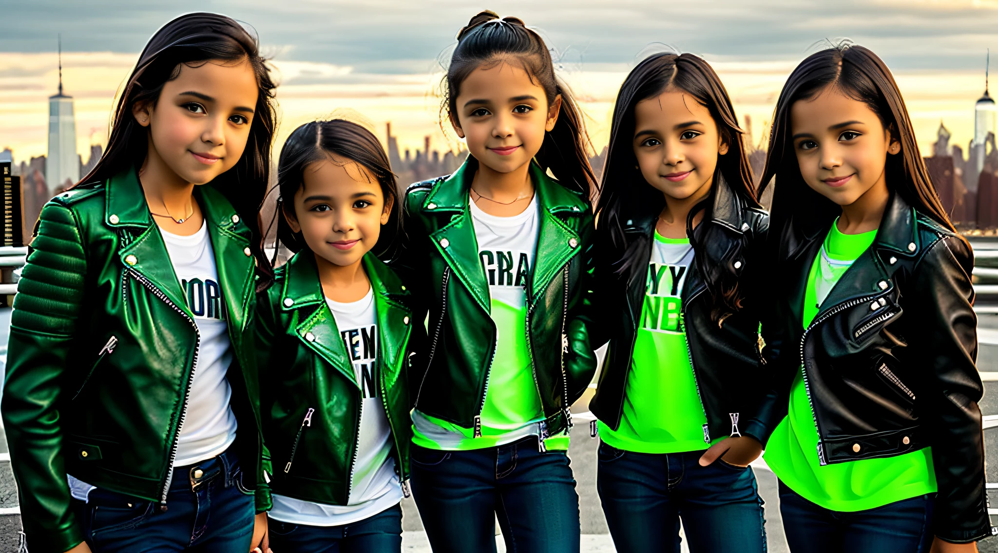 3 kids girls WITH STRAIGHT DARK HAIR, GREEN LEATHER JACKET AND BLACK OUTFIT. PORTRAT STYLE, image of a city skyline with a bridge and a green glow, detalized background of new york, green glow, ny, green glow, brooklyn background, green ambient light, new york background, new york city background, bright green, radioactive glow green, neon green, sickening green colors, gotham city background, new york city as a backdrop, New York