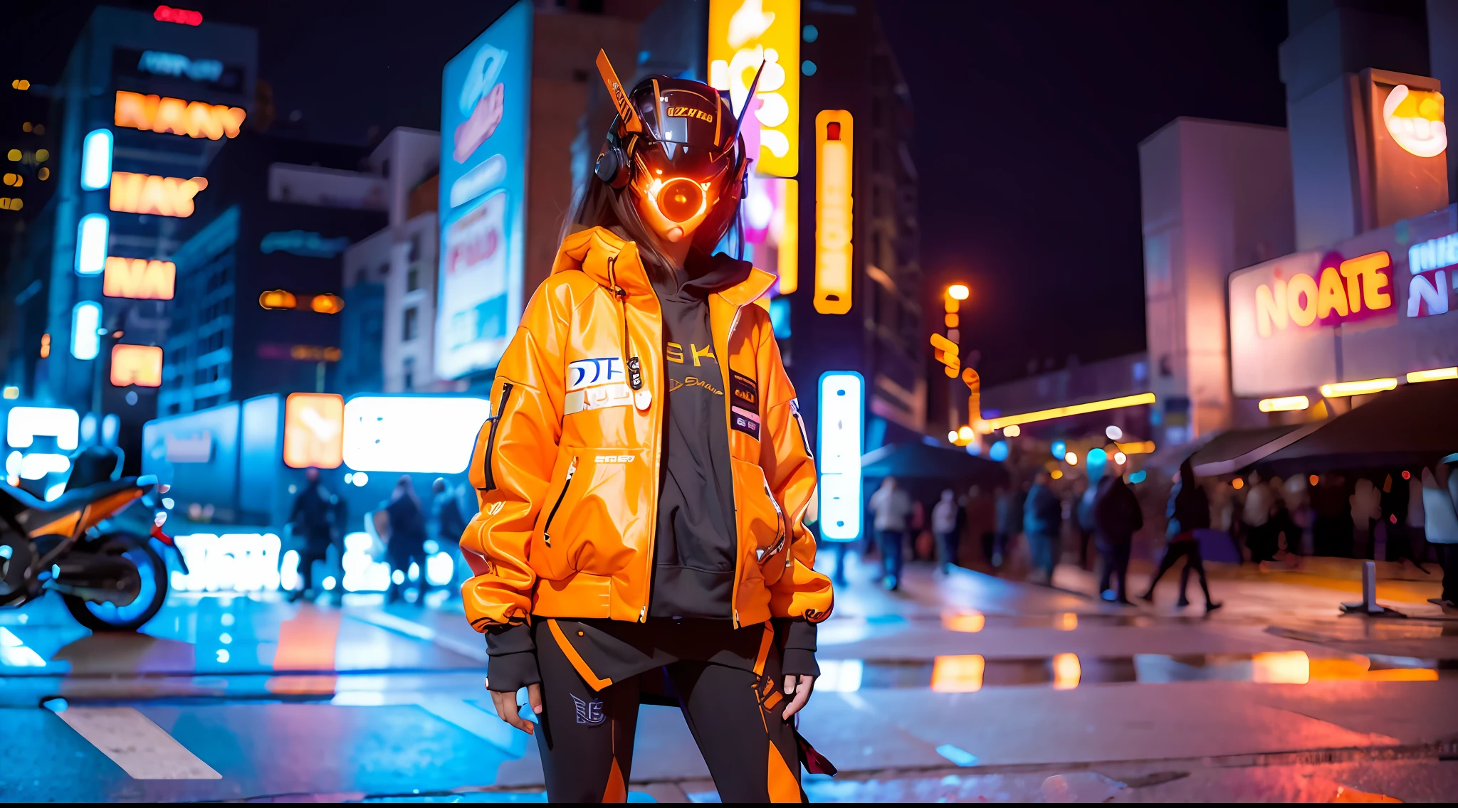 (original: 1.2), masterpiece, best quality, a woman with a fantastic cyberhelmet, wearing an orange technical jacket, cool pose, long legs, on the street, night