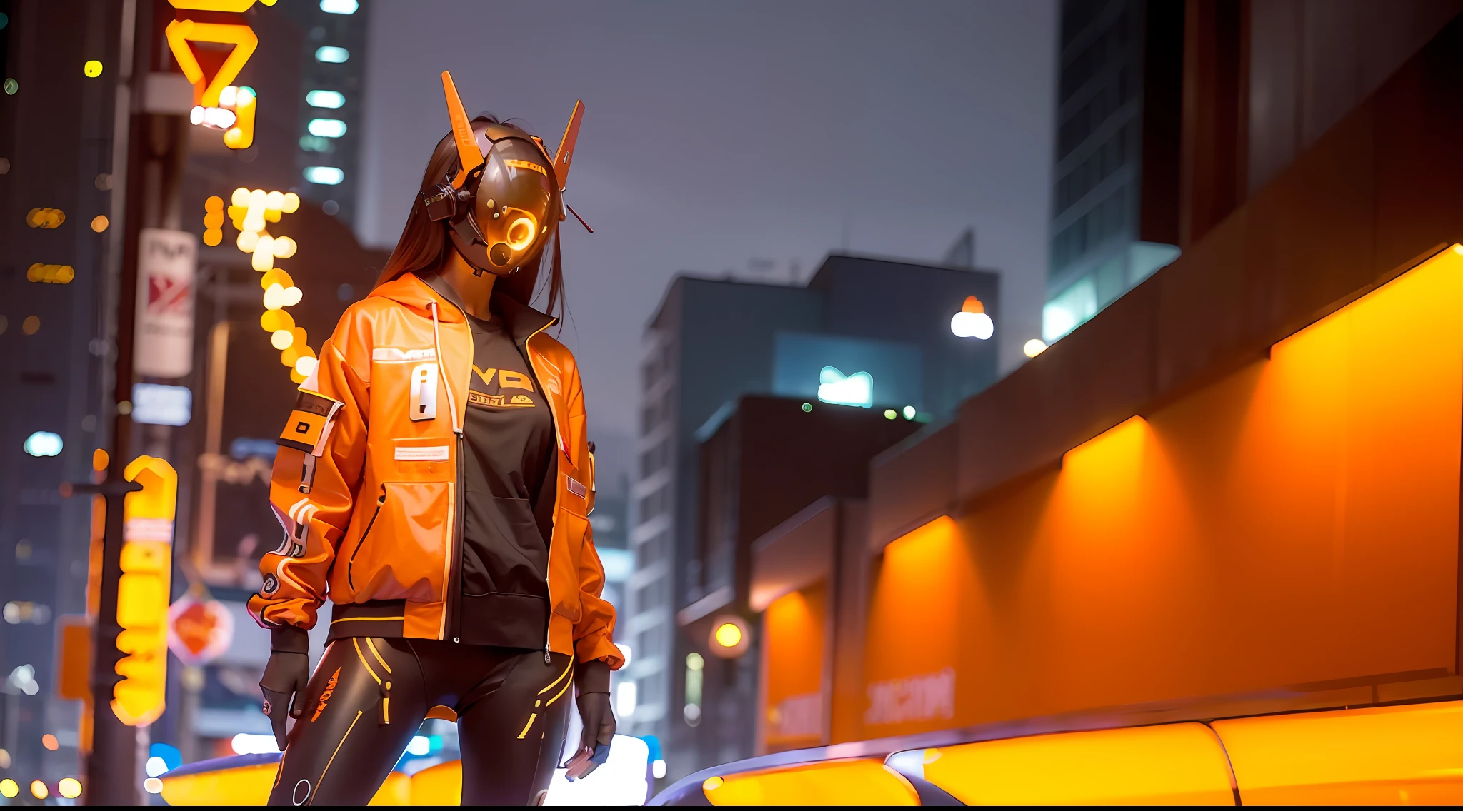 (original: 1.2), masterpiece, best quality, a woman with a fantastic cyberhelmet, wearing an orange technical jacket, cool pose, long legs, on the street, night