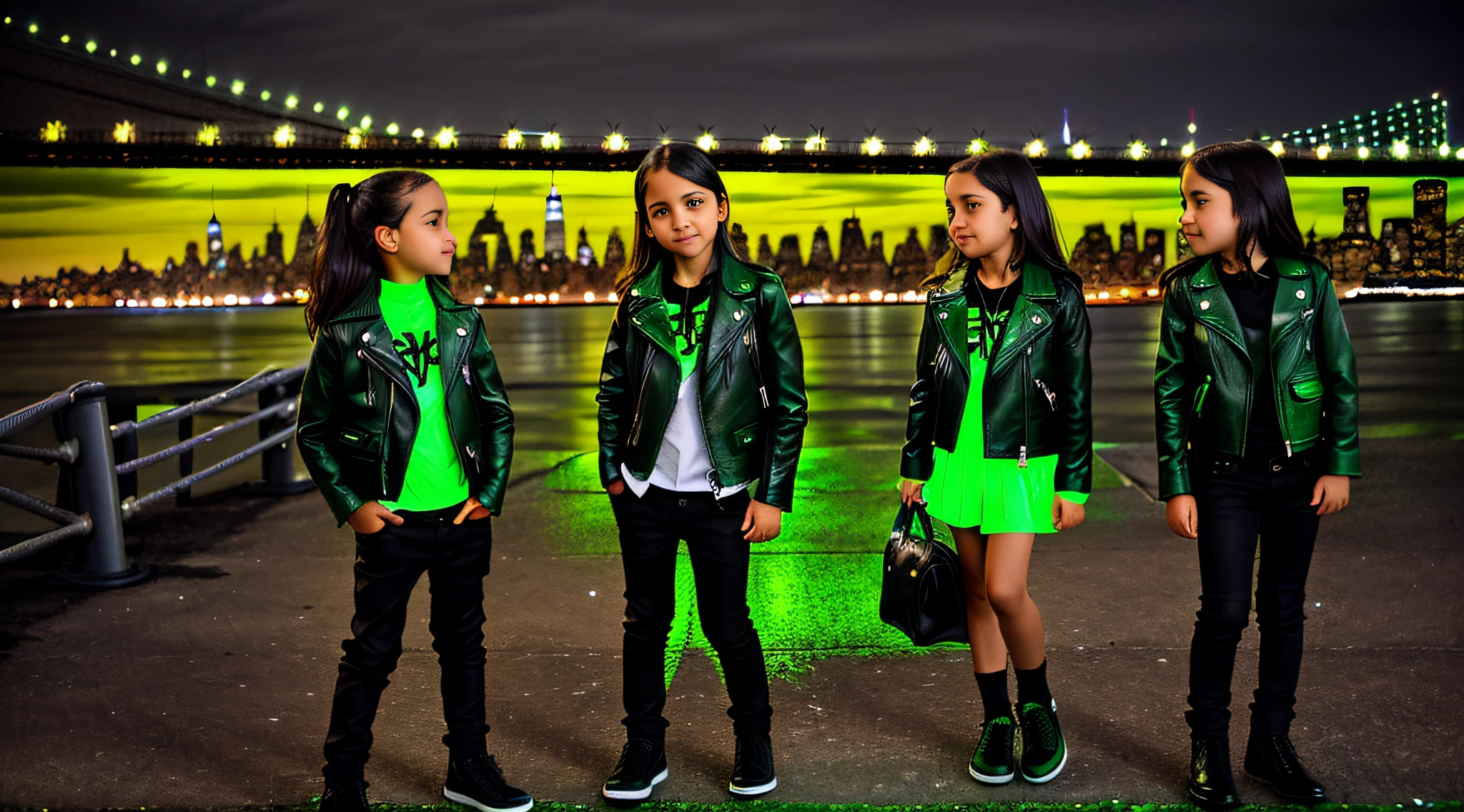 3 kids girls WITH STRAIGHT DARK HAIR, GREEN LEATHER JACKET AND BLACK OUTFIT. PORTRAT STYLE, image of a city skyline with a bridge and a green glow, detalized background of new york, green glow, ny, green glow, brooklyn background, green ambient light, new york background, new york city background, bright green, radioactive glow green, neon green, sickening green colors, gotham city background, new york city as a backdrop, New York