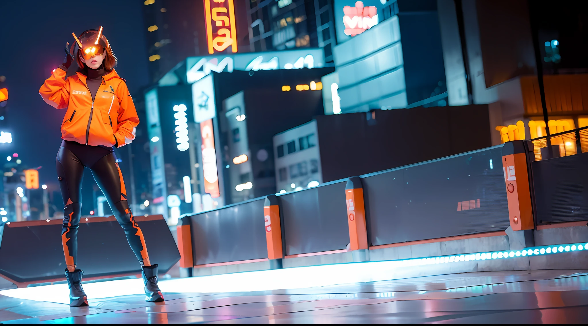 (original: 1.2), masterpiece, best quality, a woman with a fantastic cyberhelmet, wearing an orange technical jacket, cool pose, long legs, on the street, night