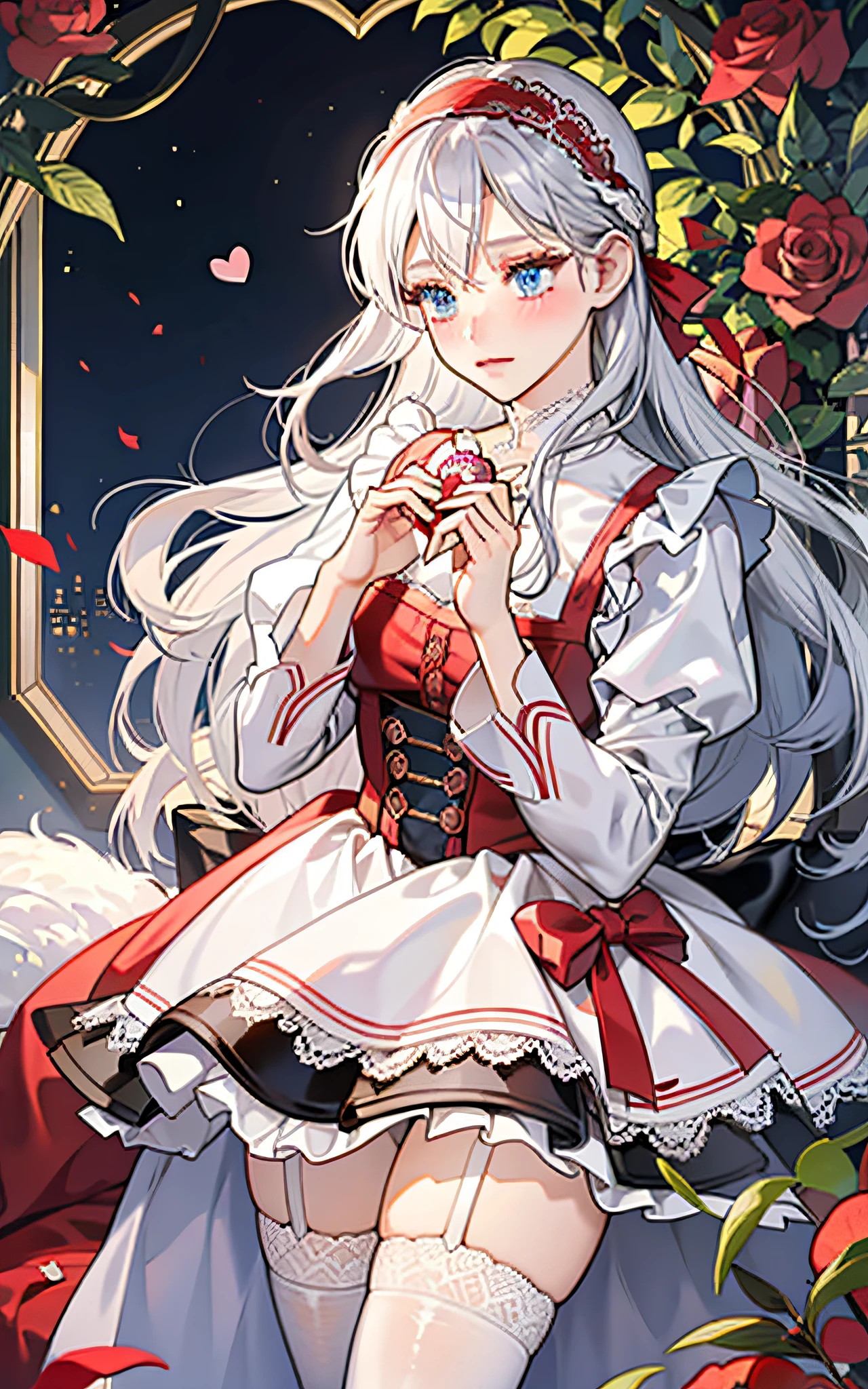 Girl with silver hair and blue eyes, holding with both hands a box of chocolates in the shape of a heart, offering gift with both hands, shy look, blushing, dressed in a red apron and white blouse with lace and black count, red headband, white thigh stockings,