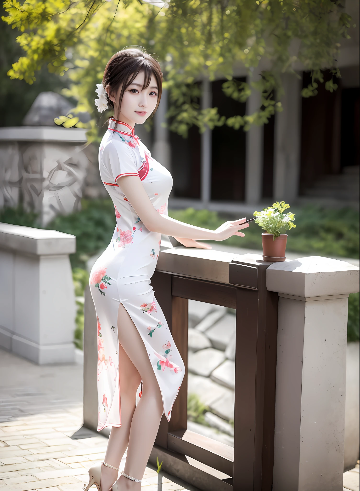 Masterpiece, (best quality: 1.3), super high resolution, original photos, detailed skins, beautiful lighting, (realistic, photorealistic photo: 1.4), a 25 year old Chinese girl, full body, cheongsam, smile, with verve. Bright and clear eyes.
