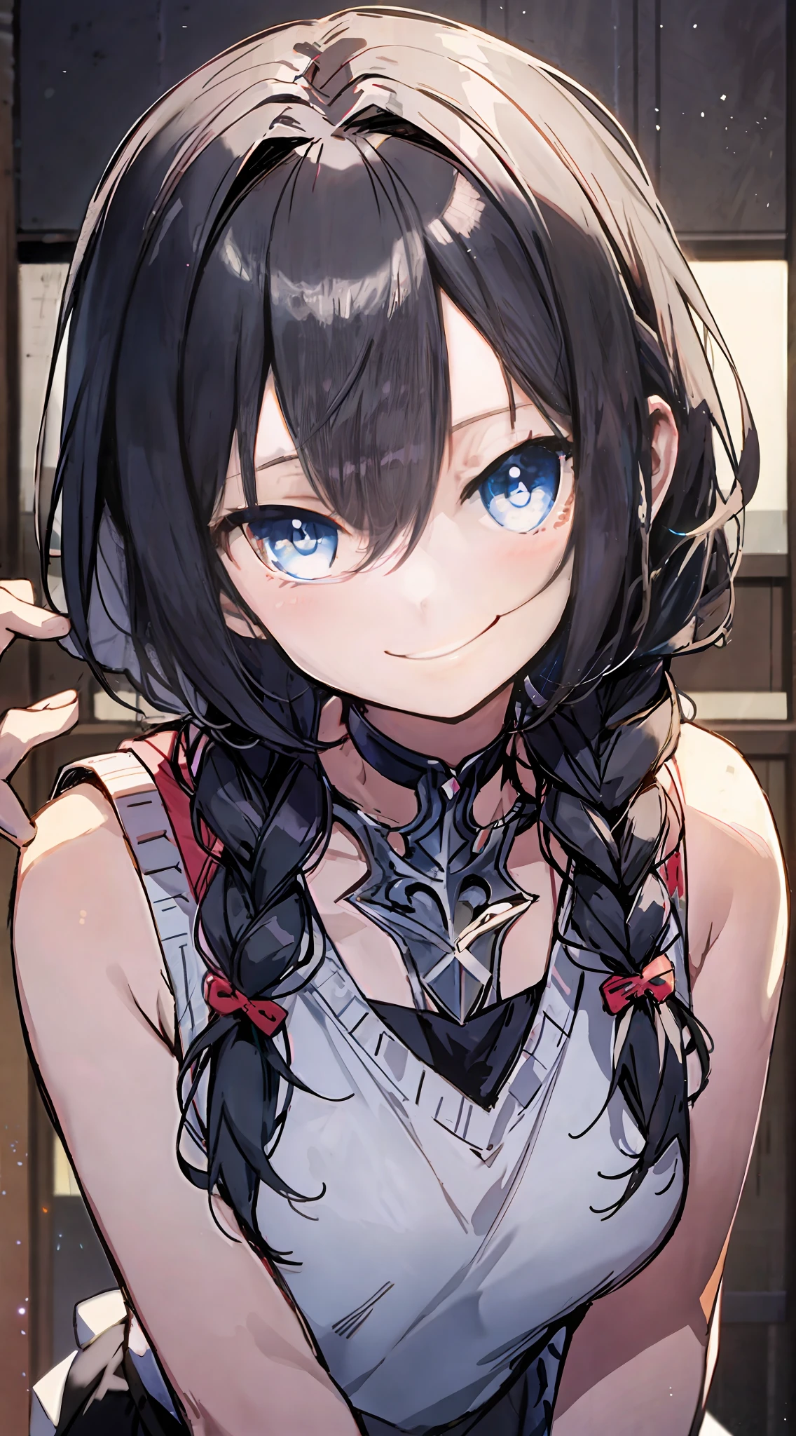 Anime girl with long black hair and blue eyes posing for photo, Arc Knights, [[[grinning evil], anime moe art style, Hestia, fleet collection style, Hanayata, Rin, Lori, Shikamimi, joyful laugh, grinning, cunning smile, Arc Knights