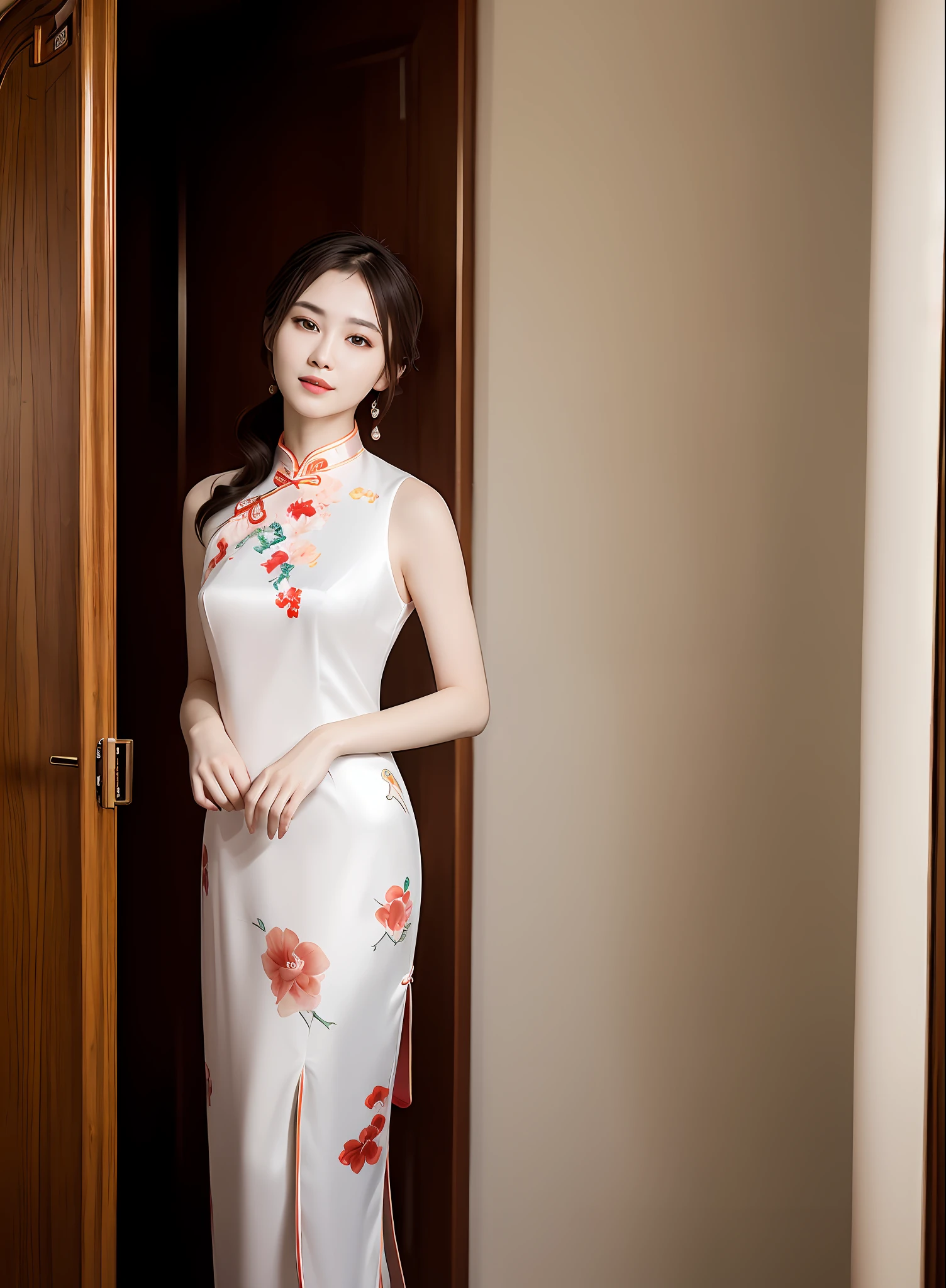 Masterpiece, (best quality: 1.3), super high resolution, original photos, detailed skins, beautiful lighting, (realistic, photorealistic photo: 1.4), a 25 year old Chinese girl, full body, cheongsam, smile, with verve. Bright and clear eyes.