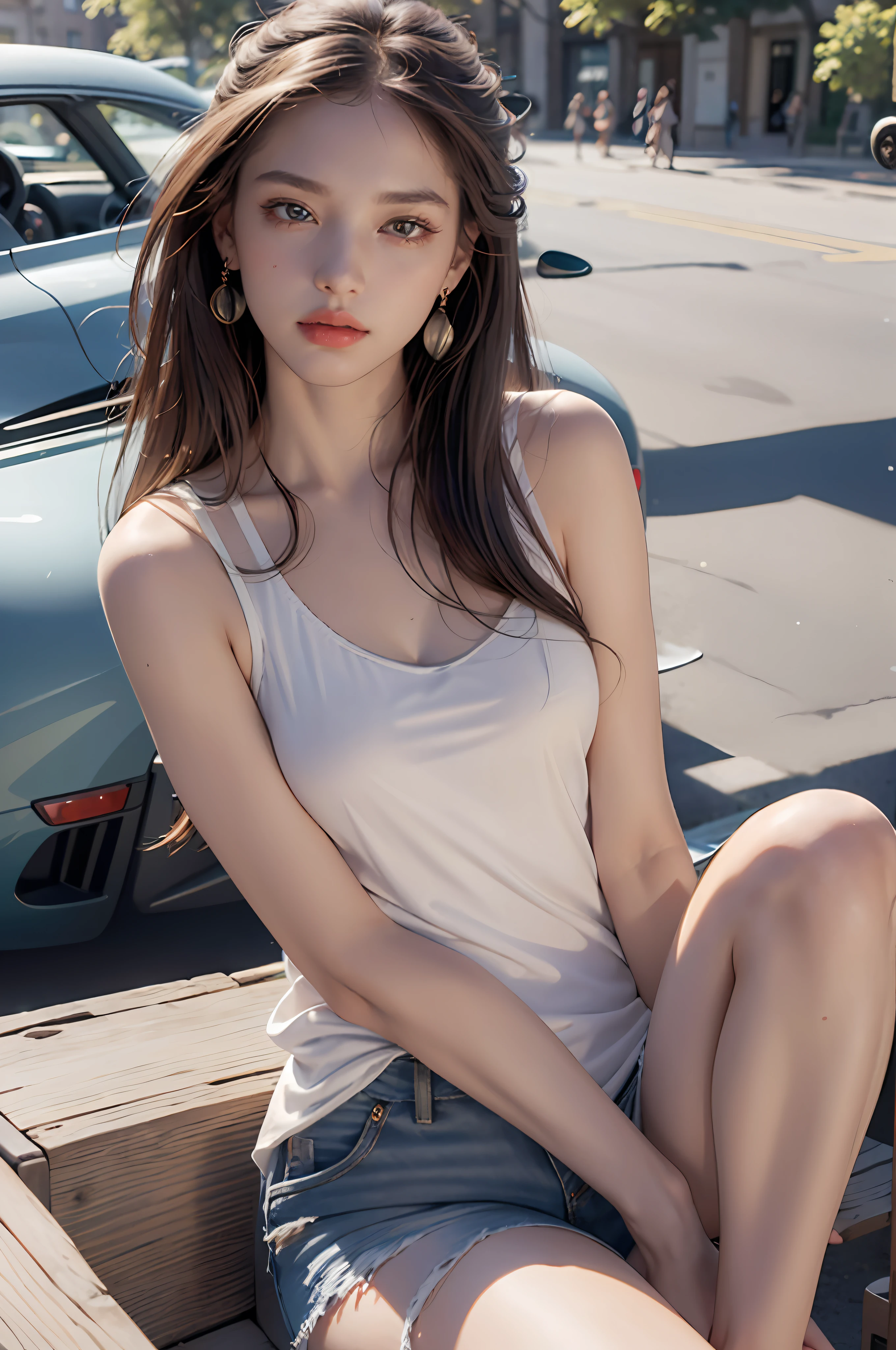 Best quality, masterpiece, super high resolution, (realistic: 1.4), original photo, (evening street), 1 girl, black eyes, looking at the audience, long hair, light makeup, lips, small ears, white t-shirt, denim shorts, earrings, sitting Ferrari, big breasts, slim