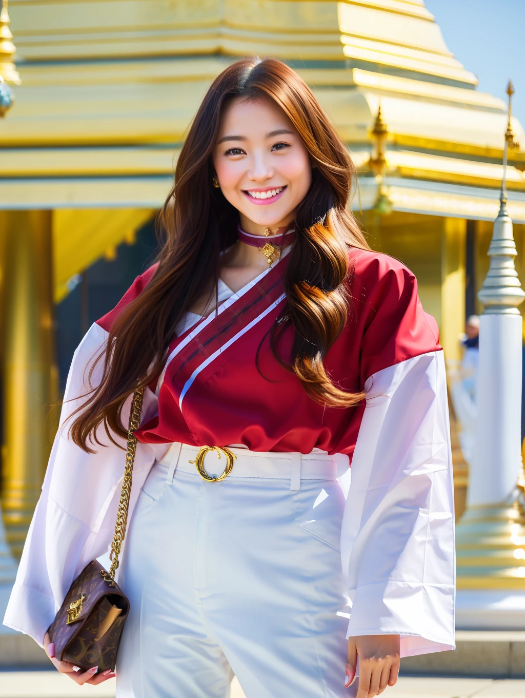 (skindentation:1.2), (realistic:1.1), best quality, photorealistic, 1 elegantly beautiful girl, (((smiling)))gorgeous, majestic, long hair, wearing a red kimono, white pants, choker, Bag, streets, studio soft light, rim light, urban, (detailed background:1.2), (wide hip:1.1), look at the viewer, (pureerosface v1:0.2), Louis Vuitton Leather, Burberry plaid, in front of (((Shwedagon)))pagoda, Myanmar