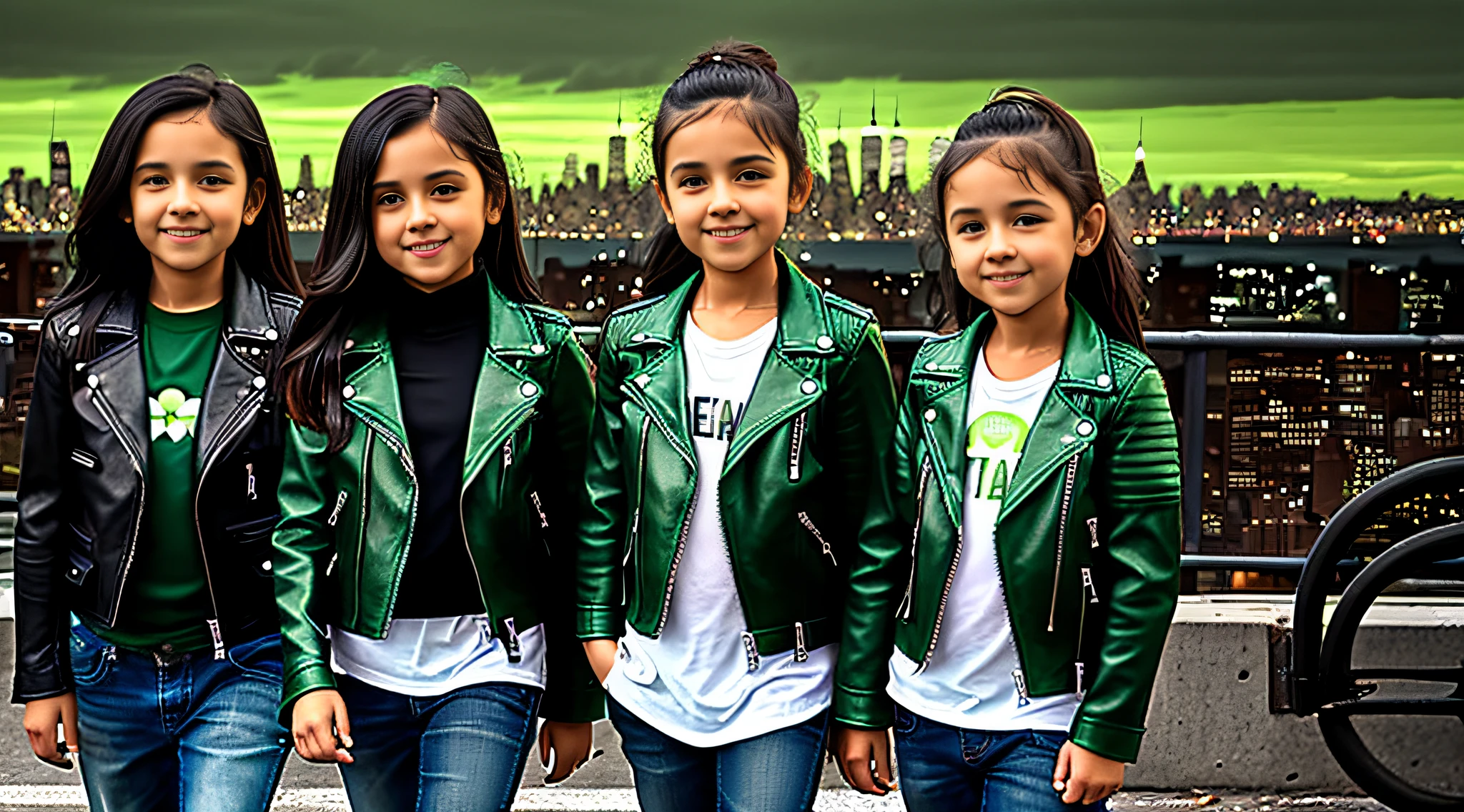 3  girls WITH STRAIGHT DARK HAIR, GREEN LEATHER JACKET AND GREEN CLOTHING. PORTRAT STYLE, image of a city skyline with a bridge and a green glow, detalized background of new york, green glow, ny, green glow, brooklyn background, green ambient light, new york background, new york city background, bright green, radioactive glow green, neon green, sickening green colors, gotham city background, new york city as a backdrop,  New York