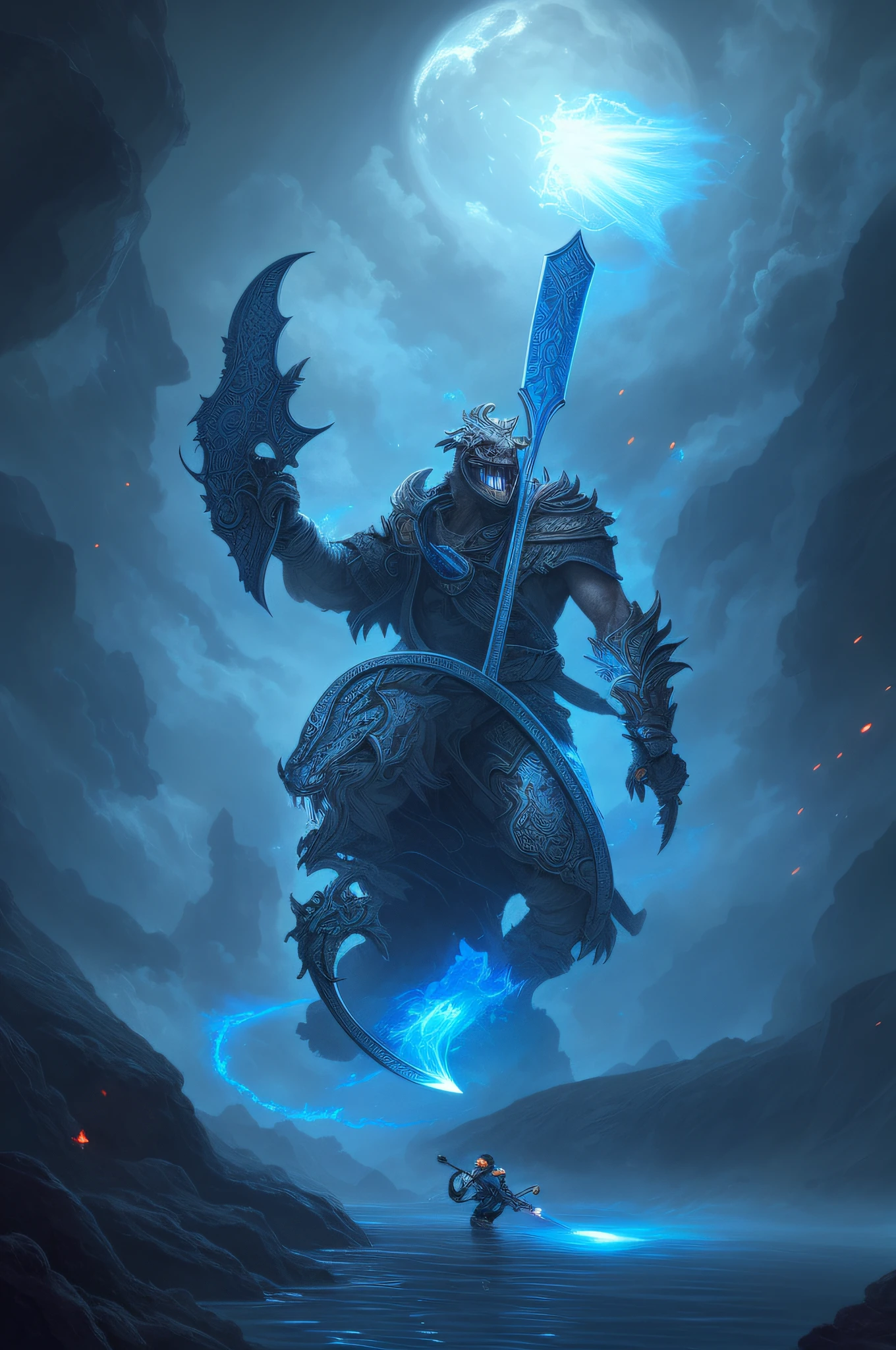 There is a man in the air holding a tennis racket, badminton, blue detailed game art illustration, Lisa Nankivel, realistic racket, Balrog, Alexander Kosis, Balrog concept art, Yang J, Nikolai Avramov, Drew Tucker, fantasy art, Adam Macinsky