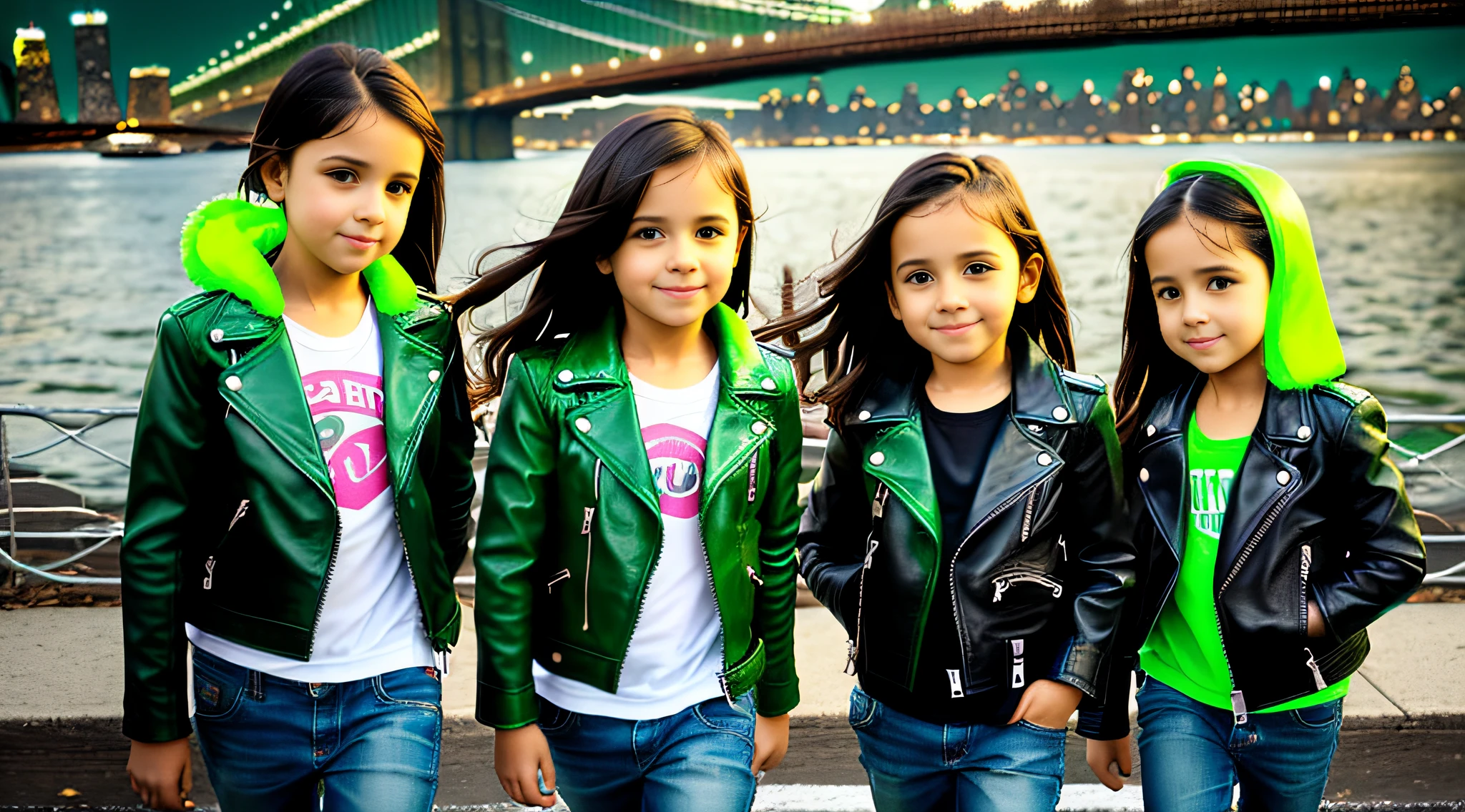 3 kids girls WITH STRAIGHT DARK HAIR, GREEN LEATHER JACKET AND GREEN CLOTHING. PORTRAT STYLE, image of a city skyline with a bridge and a green glow, detalized background of new york, green glow, ny, green glow, brooklyn background, green ambient light, new york background, new york city background, bright green, radioactive glow green, neon green, sickening green colors, gotham city background, new york city as a backdrop,  New York