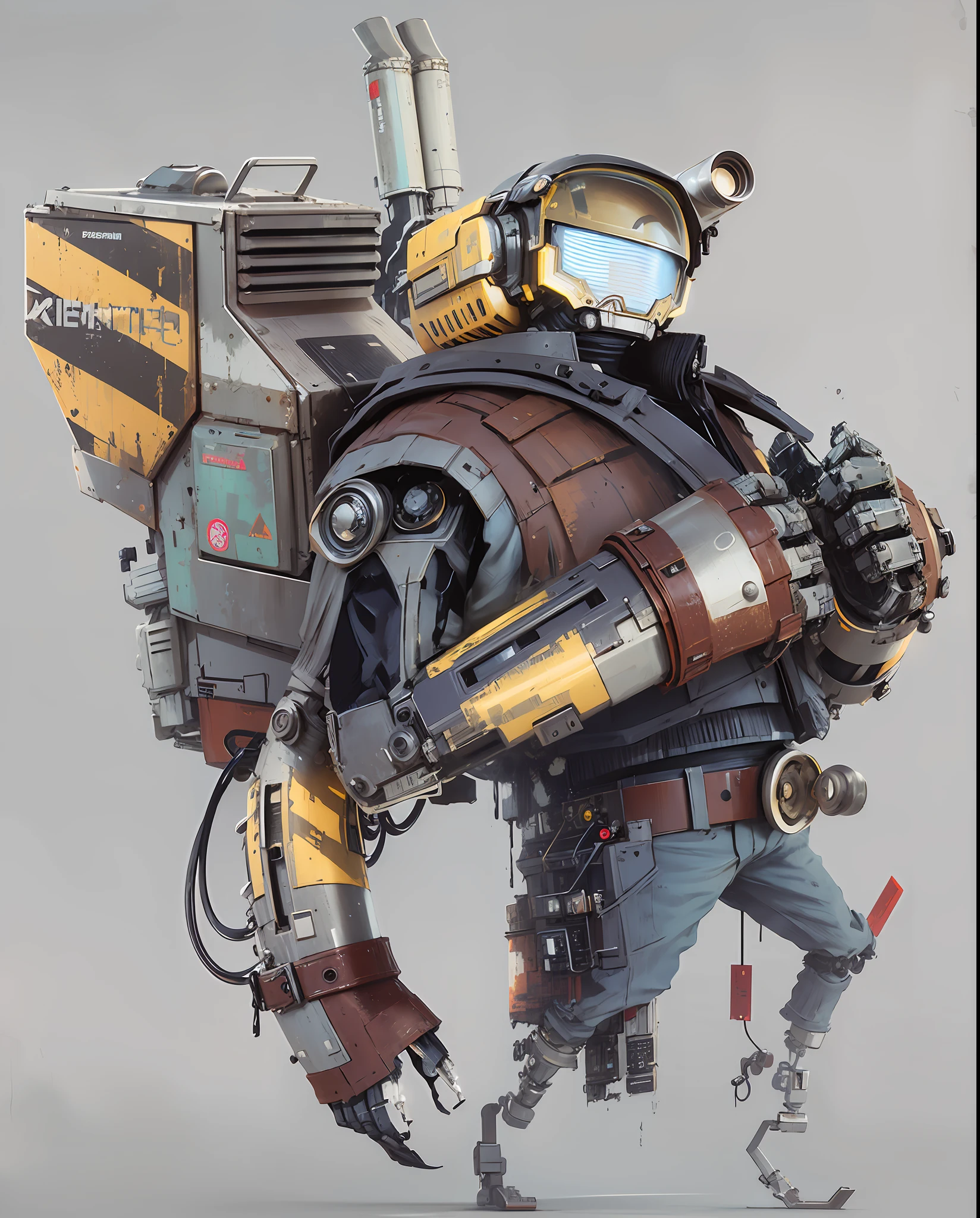there is a robot with a large body and a helmet on, craig mullins style, painterly humanoid mecha, fashionable cyberpunk mechanoid, rolands zilvinskis 3d render art, by senior environment artist, cyberpunk mechanoid, craig mullins nekro, craig mullins greg rutkowski, alexandre ferra mecha, deep cyberpunk mechanoid