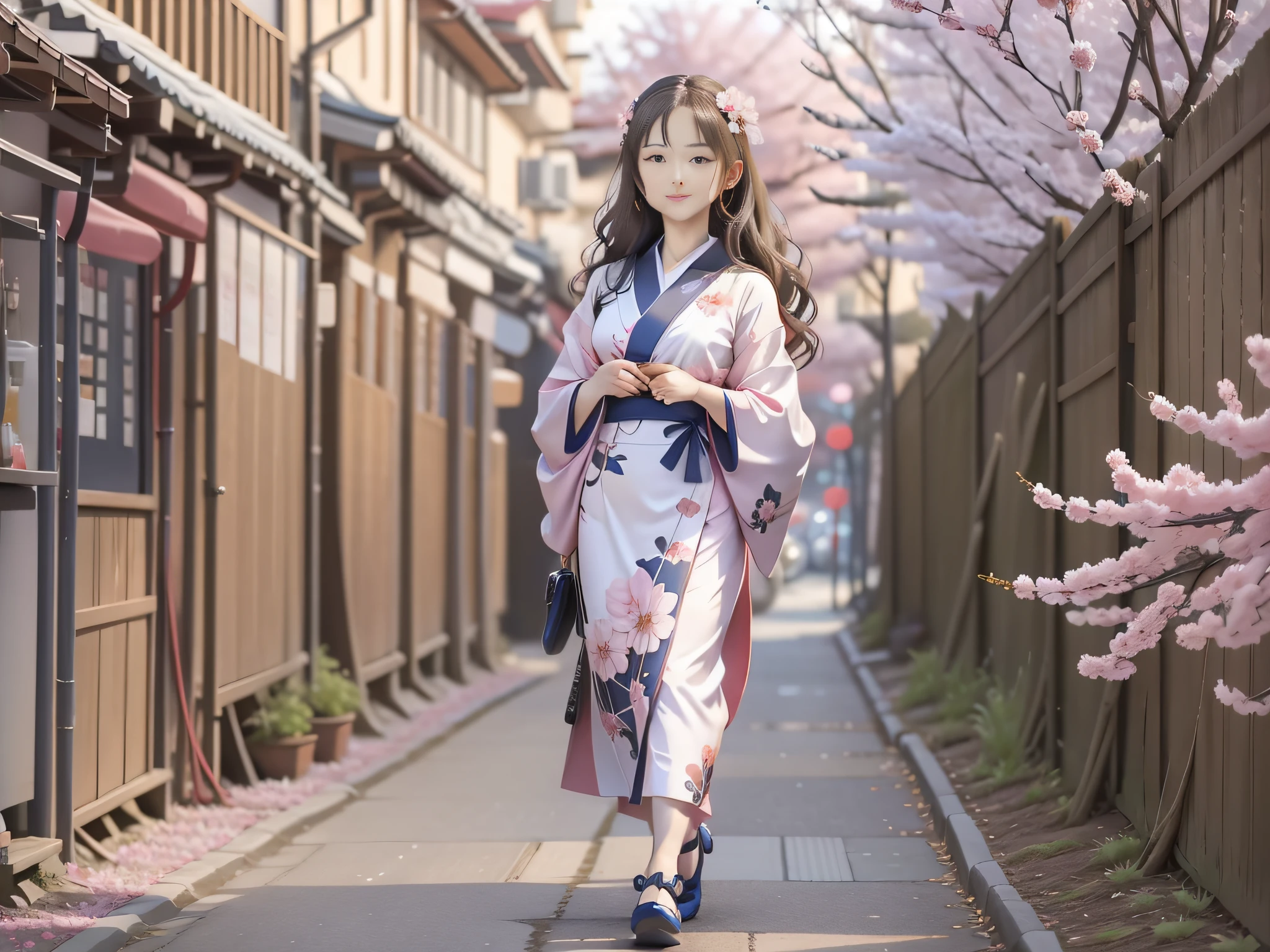 full body,full shot,sfw,beautiful russian girl in the image of a geisha with big bright blue eyes and long fluffy eyelashes Nordic type with a perfect miniature and graceful figure and very long and fluffy wavy wheat-colored hair stands full-length in the alley against a blooming Japanese pink sakura in a Japanese kimono colour NAVY BLUE and Japanese shoes gatte colour NAVY BLUE, The kimono of the girl is laced with intricate patterns of appliqué and embroidery of sakura blossoms, small breasts with bulges are translucent through the fabric, the ground on which the girl stands is studded with sakura petals, scene highly artistic, high resolution, sharp focus, Migjorni-V5 artistic style, hyperphotorealism, perfect proportions, golden ratio, flare, outline, sunlight, soft glow, soft focus, photography technique Monocle.