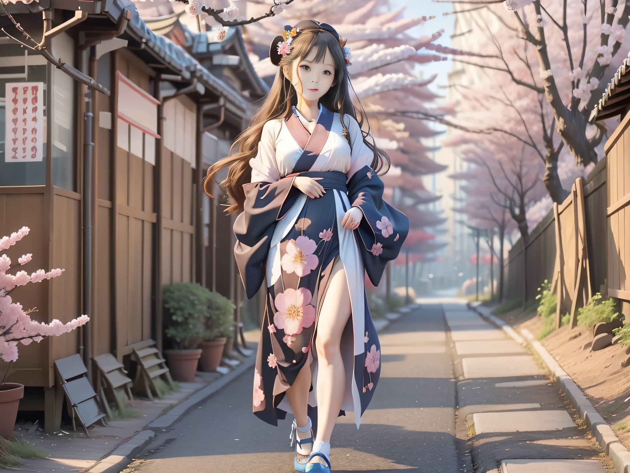 full body,full shot,sfw,beautiful russian girl in the image of a geisha with big bright blue eyes and long fluffy eyelashes Nordic type with a perfect miniature and graceful figure and very long and fluffy wavy wheat-colored hair stands full-length in the alley against a blooming Japanese pink sakura in a Japanese kimono colour NAVY BLUE and Japanese shoes gatte colour NAVY BLUE, The kimono of the girl is laced with intricate patterns of appliqué and embroidery of sakura blossoms, small breasts with bulges are translucent through the fabric, the ground on which the girl stands is studded with sakura petals, scene highly artistic, high resolution, sharp focus, Migjorni-V5 artistic style, hyperphotorealism, perfect proportions, golden ratio, flare, outline, sunlight, soft glow, soft focus, photography technique Monocle.
