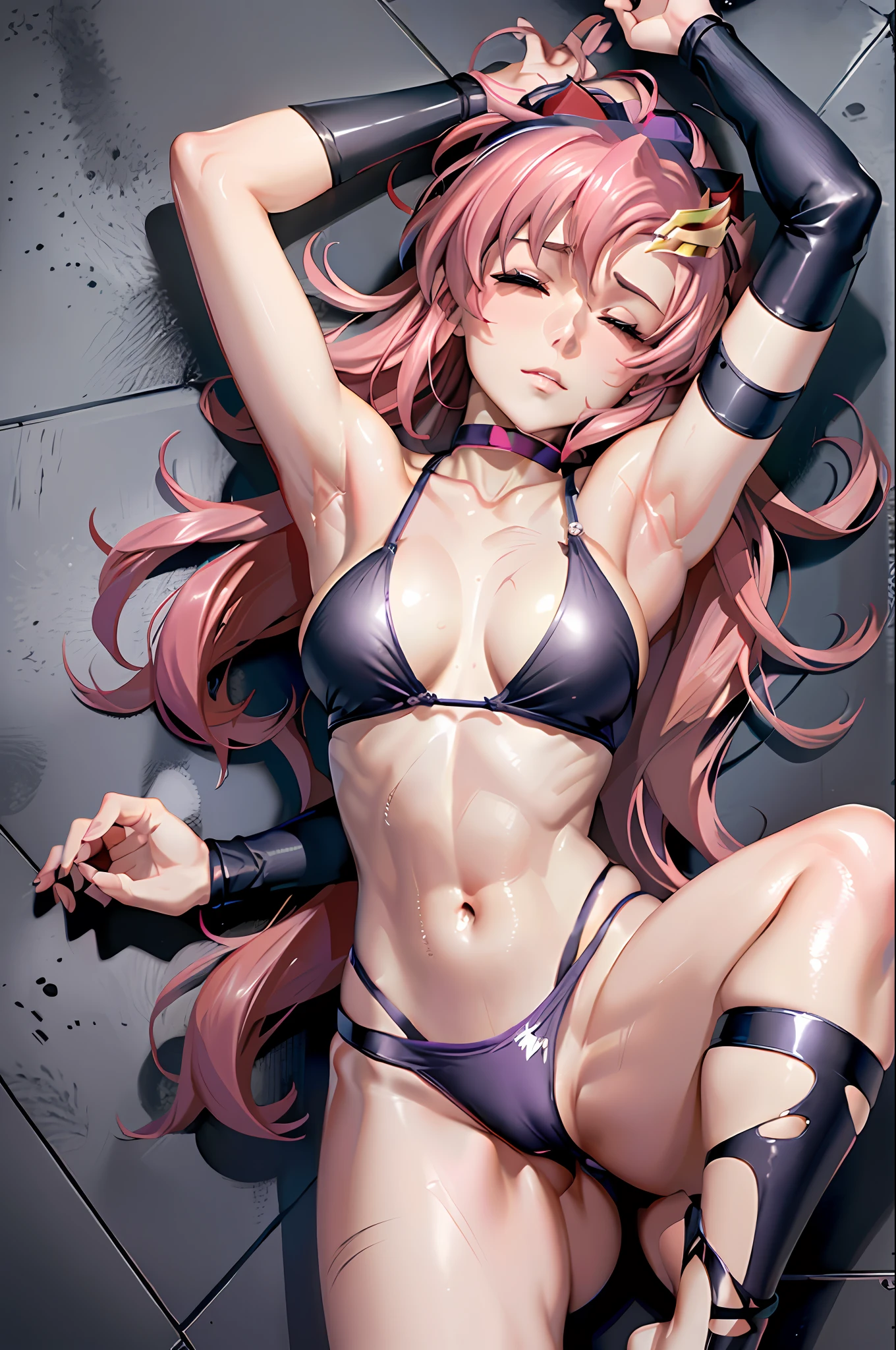 (masterpiece, hyper detailed anime face, unconscious, hyper detailed anime body: 1.2, lacus4, weak wrestler: 1.2, slim shoulders, slim body, idol, forehead, big cheeks, collar bone, pale skin, slim top body, closed eyes, wrestling ring, 1girl, solo, long hair, hair ornament, shiny pink hair, cleavage, torn simple metalic wrestling BIKINI, pink hair, medium boobs, arm band, soft belly, naval, T-pose, laying on floor defeated, correct anatomy)