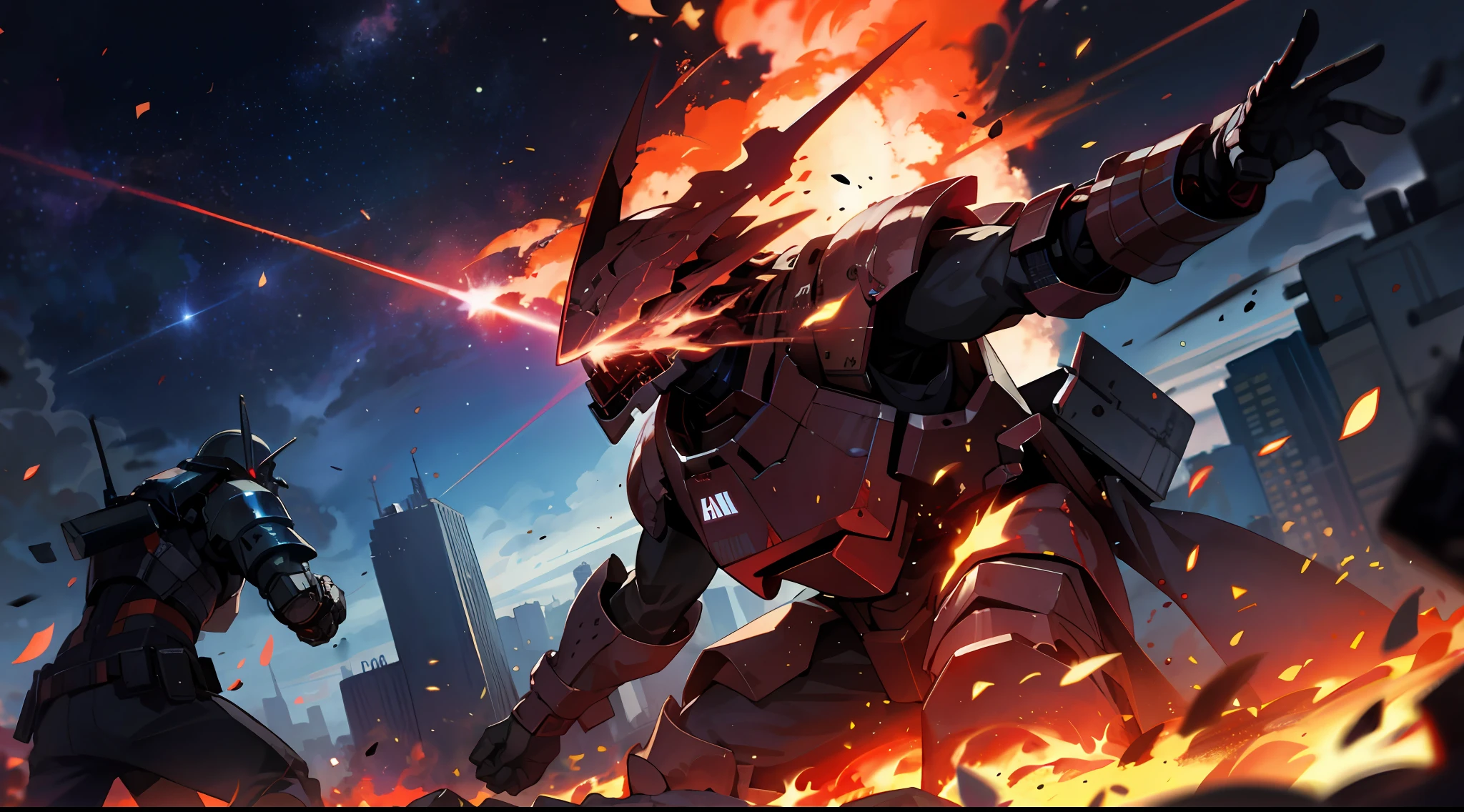A war of armored Cores in a flaming city, cosmic sky with burning red nebulae
