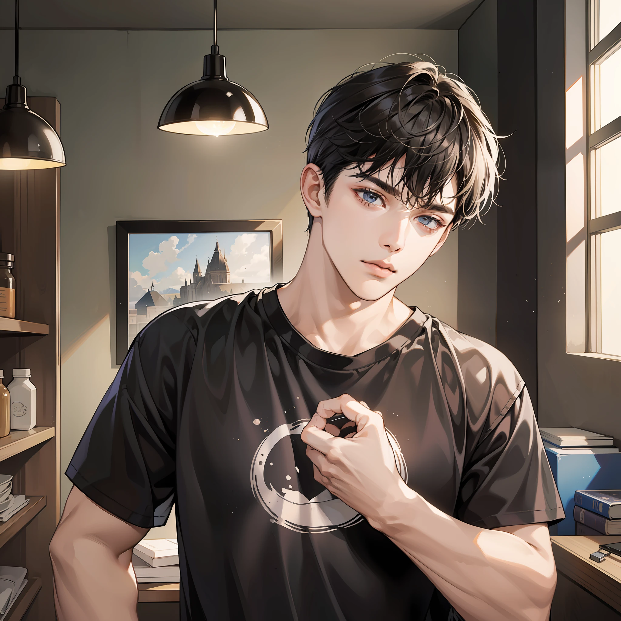 Masterpiece, high quality, best quality, HD, realistic, perfect lighting, detailed face, detailed body, 1 man, short black hair, black t-shirt, (calm expression: 1.5) (flat face: 1.5), standing in the room with spread hands
