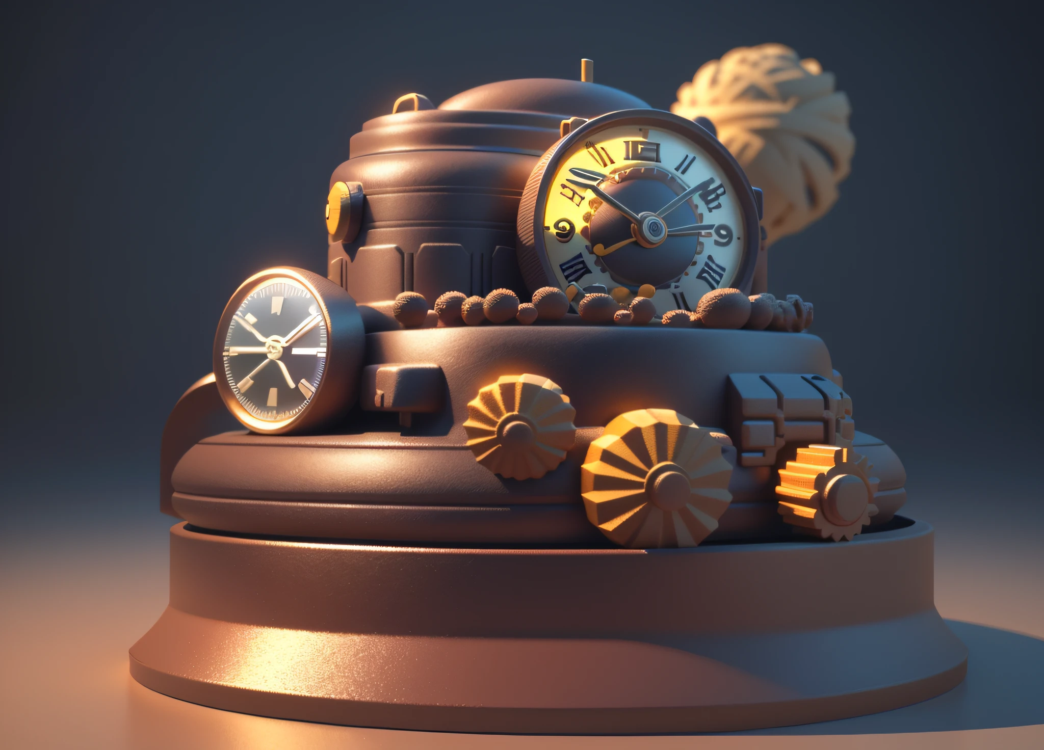 there is a toy that is standing on a platform with a clock, 3d illustration, 3 d illustration, animation style render, 3d matte illustration, cinema 4d colorful render, smooth 3 d illustration, smooth 3d illustration, stylized 3d render, cute 3 d render, 3 d render stylized, stylized as a 3d render