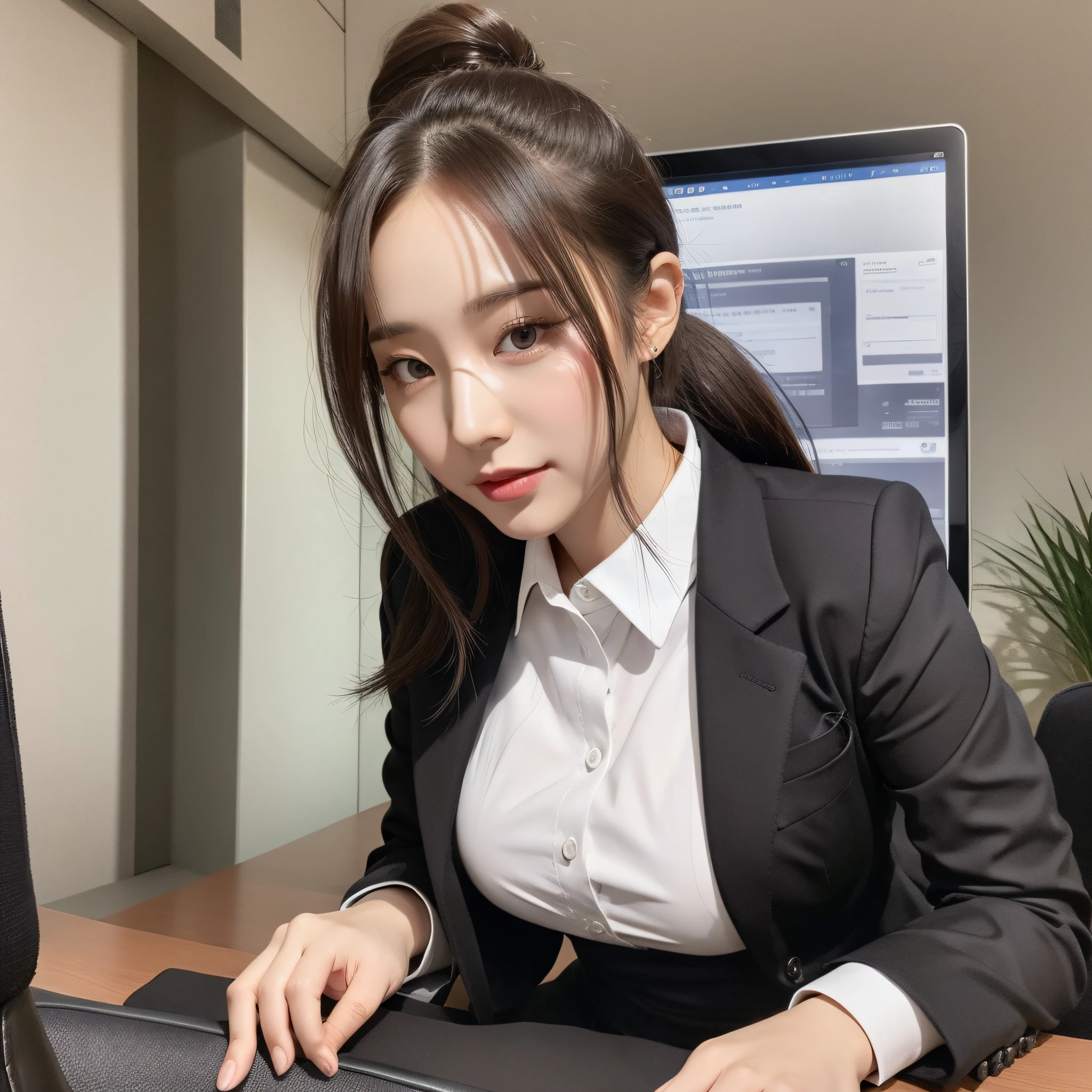 (best quality), masterpiece, (photo realistic:1.5), 8k quality, 1 beautiful woman, (full body:1.1), dark brown hair, low ponytail hair, brown eyes, front, detailed face, beautiful eyes, looking at viewer, smile, BREAK, wearing business suit with midi skirt, High-heeled shoes, sitting in a office, using a computer, 30 years old, (ulzzang-6500-v1.1:0.1)