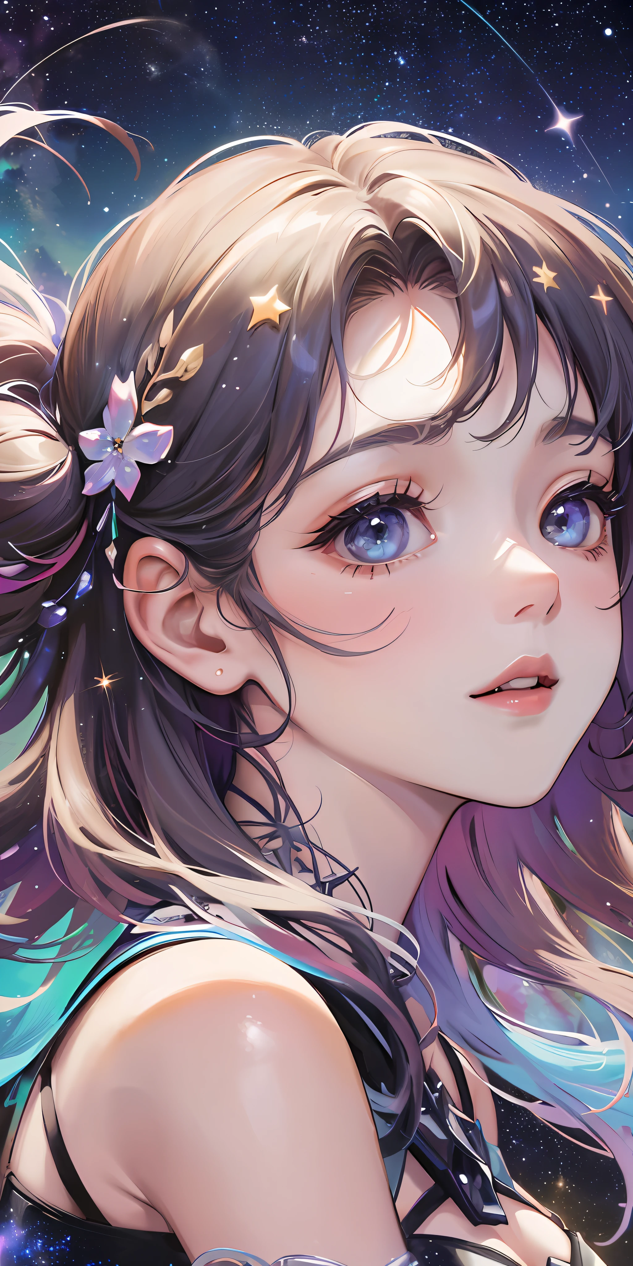 High detail, super detail, super high resolution, girl enjoying her time in the dream galaxy, surrounded by stars, warm light sprinkled on her, background is starry sky with colorful galaxies and galaxy clouds, stars flying around her, delicate face, adding playful atmosphere , --v6