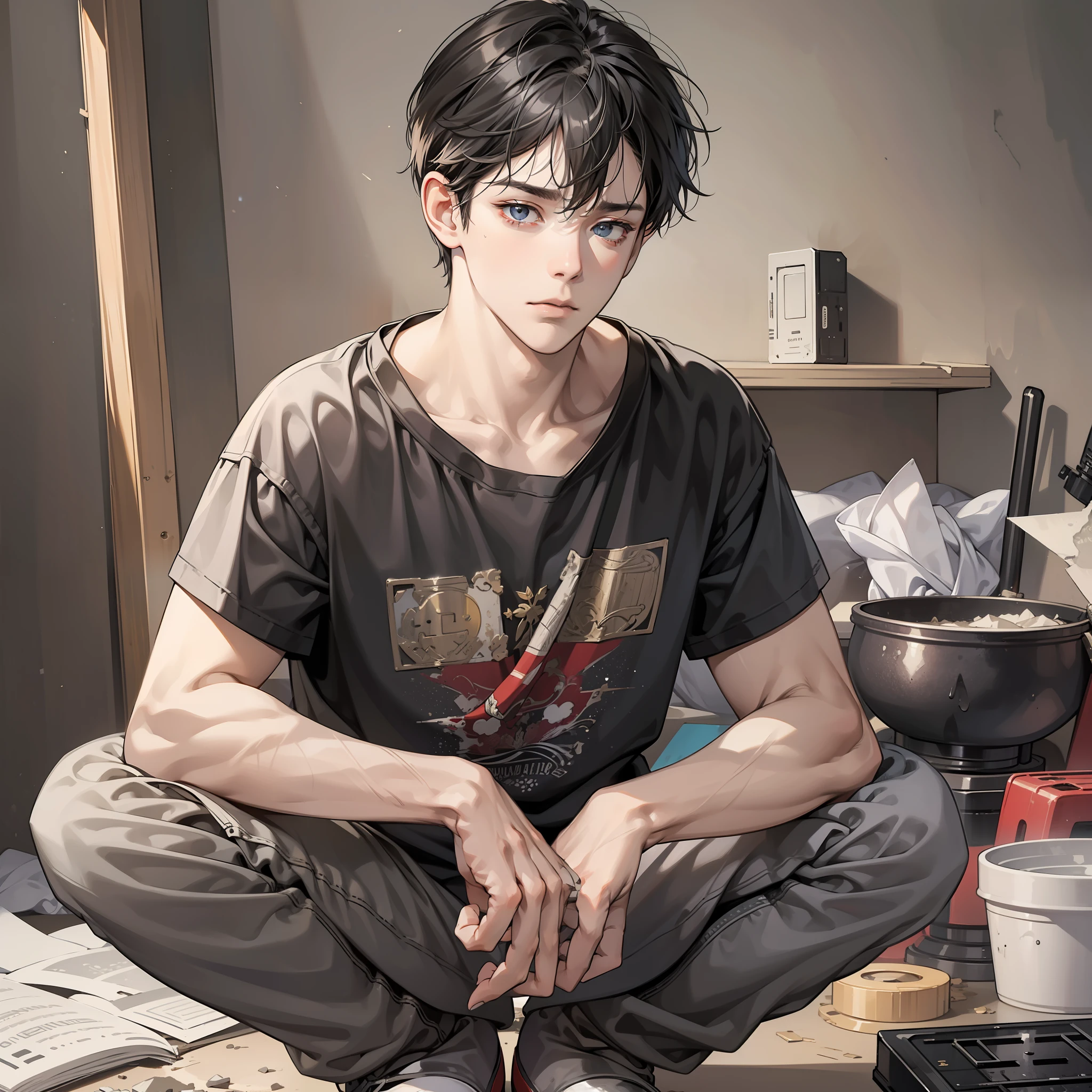 Masterpiece, high quality, best quality, HD, realistic, perfect lighting, detailed face, detailed body, 1 man, short black hair, tattered clothes, (sad expression: 1.5) (flat face: 1.5), squatting in a messy room