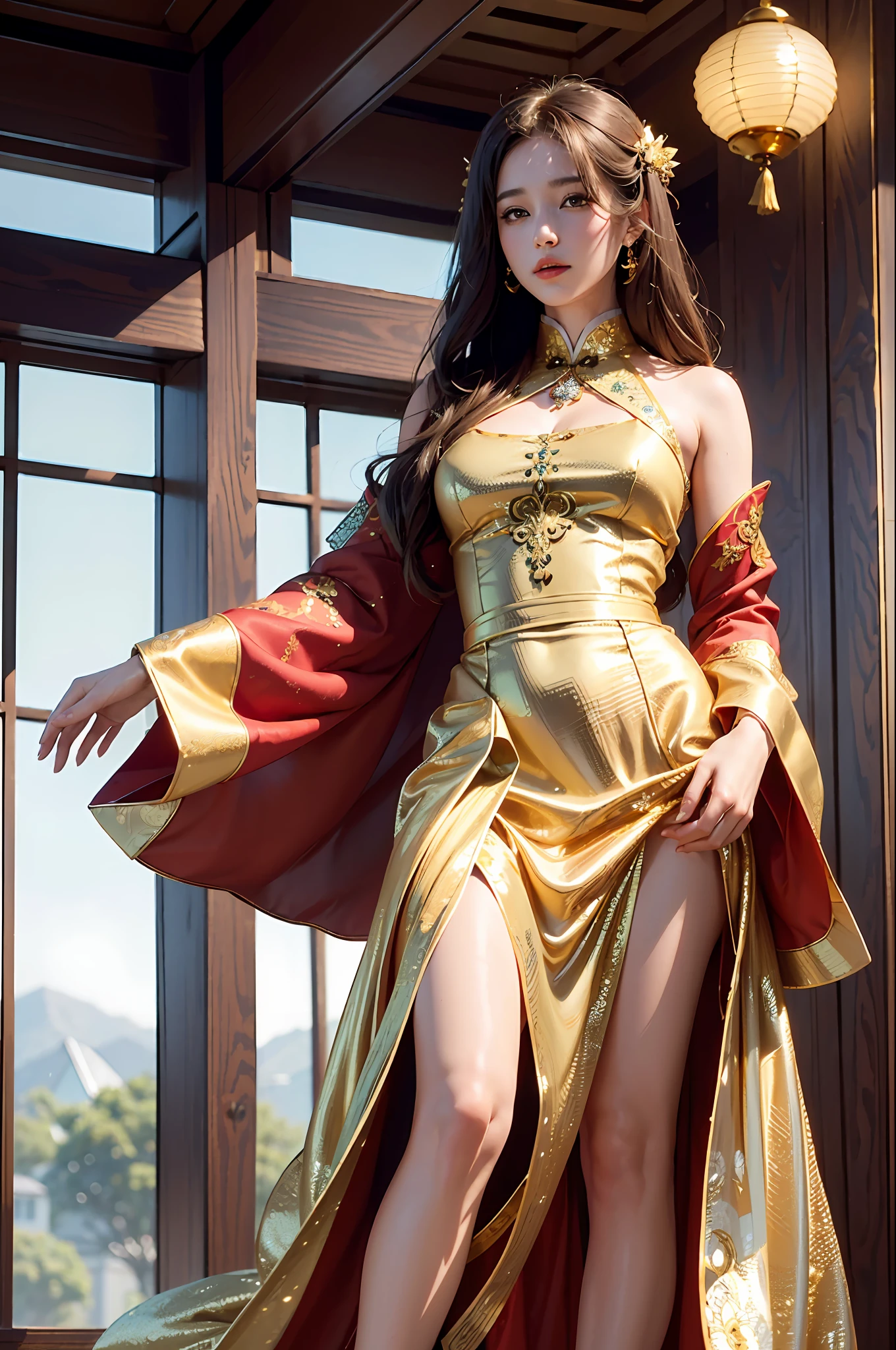 best quality, masterpiece, highres, (exquisite body:1.5),gorgeous face,(milky skin:1.3),intricate details,high resolution,wallpaper,
1girl, solo, dress, hair ornament, (((gold and red dress))), flowers, long hair, brown hair, closed mouth, jewelry, long sleeves, hand up, wide sleeves, big eyes,floating hair, chinese clothes, hanfu, embroidery, long skirt, natural pose, falling petals, indoor,fanning, lantern,
16K,HDR,highres,depth field,(film grain:1.1),boken,golden hour,(lens flare),vignette,rainbowing,(color grading:1.5)