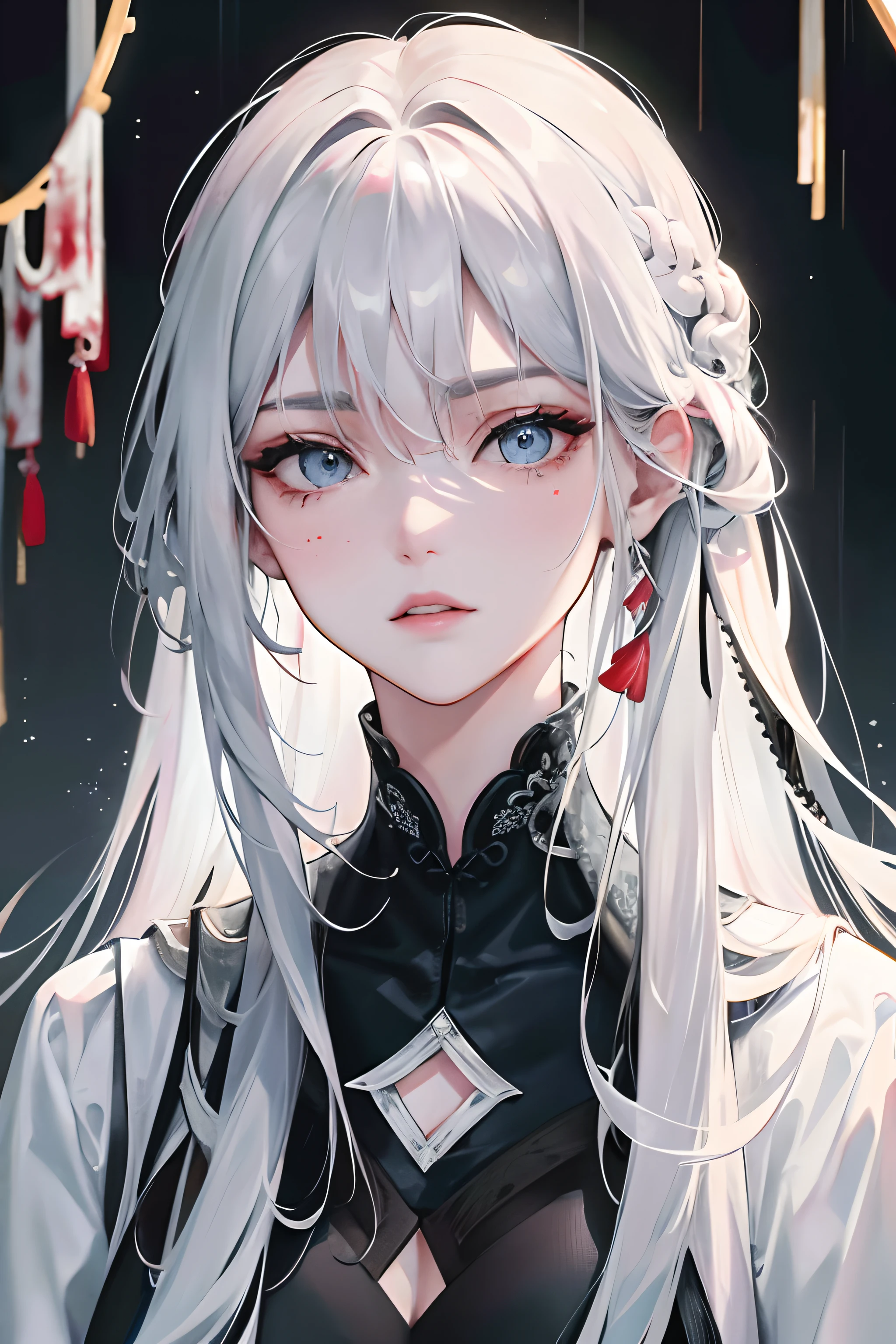 Masterpiece, best quality, night, outdoors, rainy days, branches, Chinese style, ancient China, 1 woman, mature woman, silver white long haired woman, gray blue eyes, light pink lips, cold, serious, weak, bangs, assassins, short knives, white clothes, black clothing patterns, blood stains, blood, injuries, bloody, delicate facial features, delicate facial features,