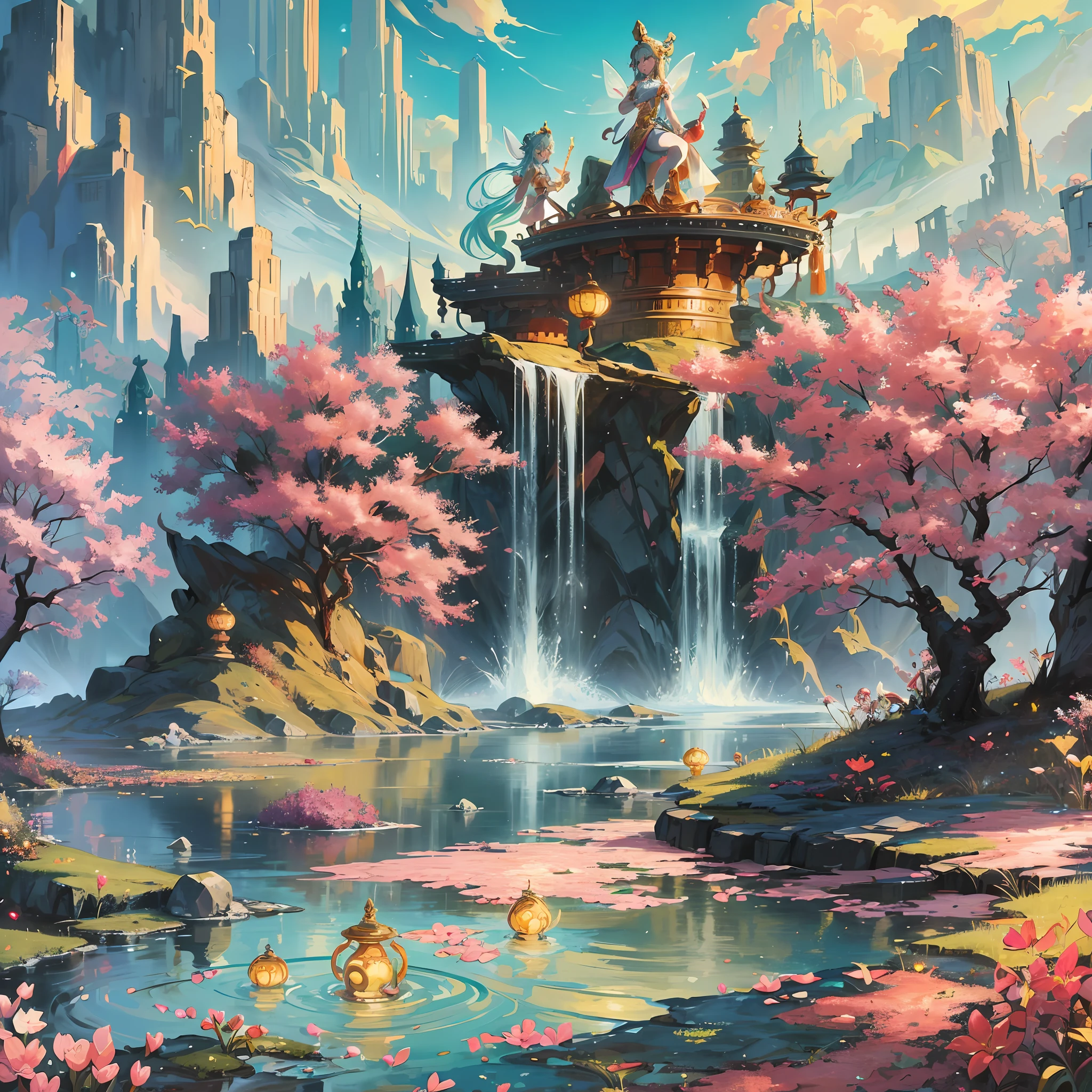 Envision a realm where the grandeur of Hindu mythology converges with enchanting magic, inhabited by creatures bearing both fairy-like delicacy and the charm of anthropomorphic animals. This captivating universe mirrors the ancient beauty of Chinese landscapes. characters, human like, beautiful, cute, anime --auto --s2
