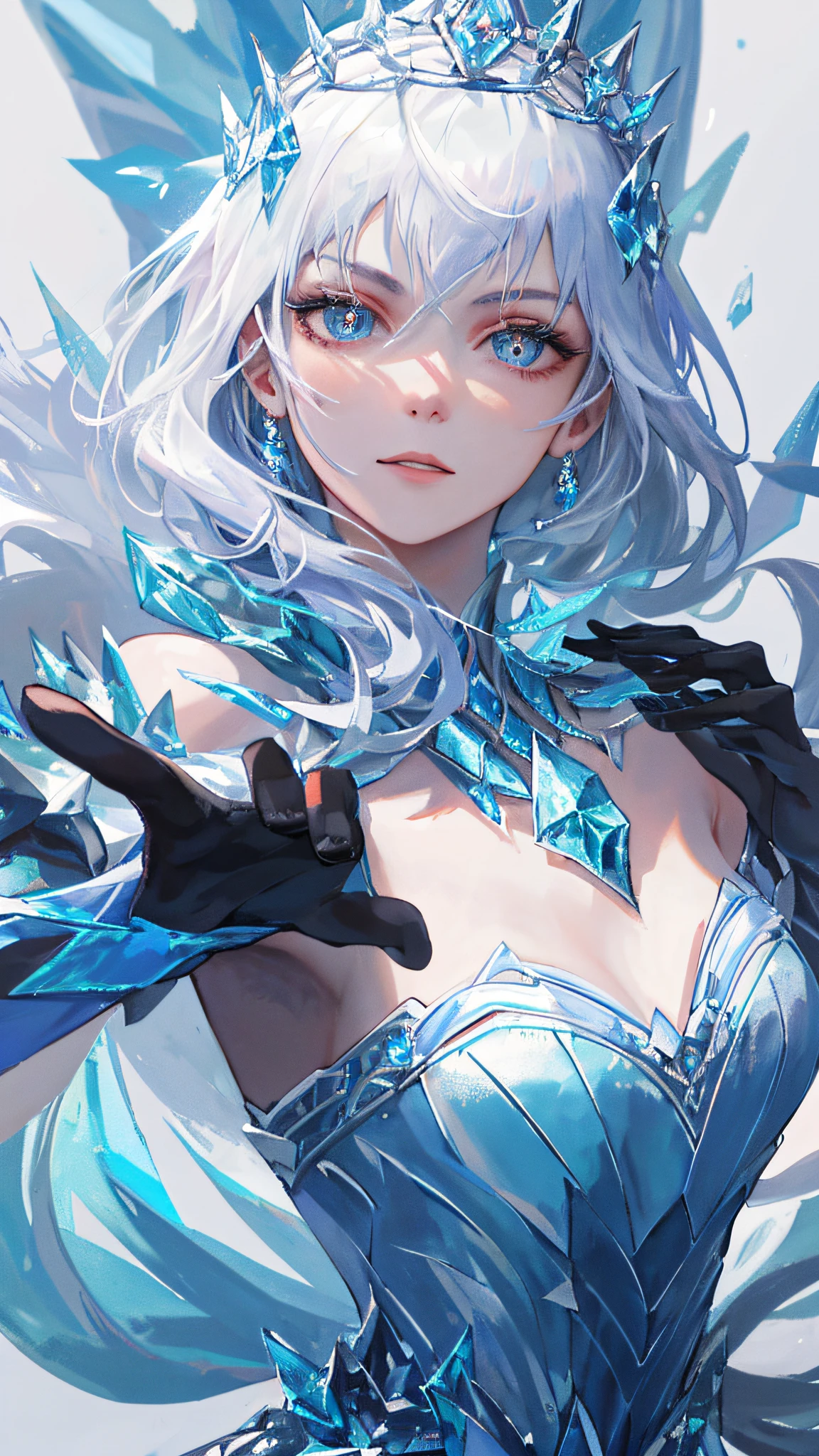 Queen of Ice, elegant temperament, realistic pupils, masterpiece, superlative, background blur, many small gems