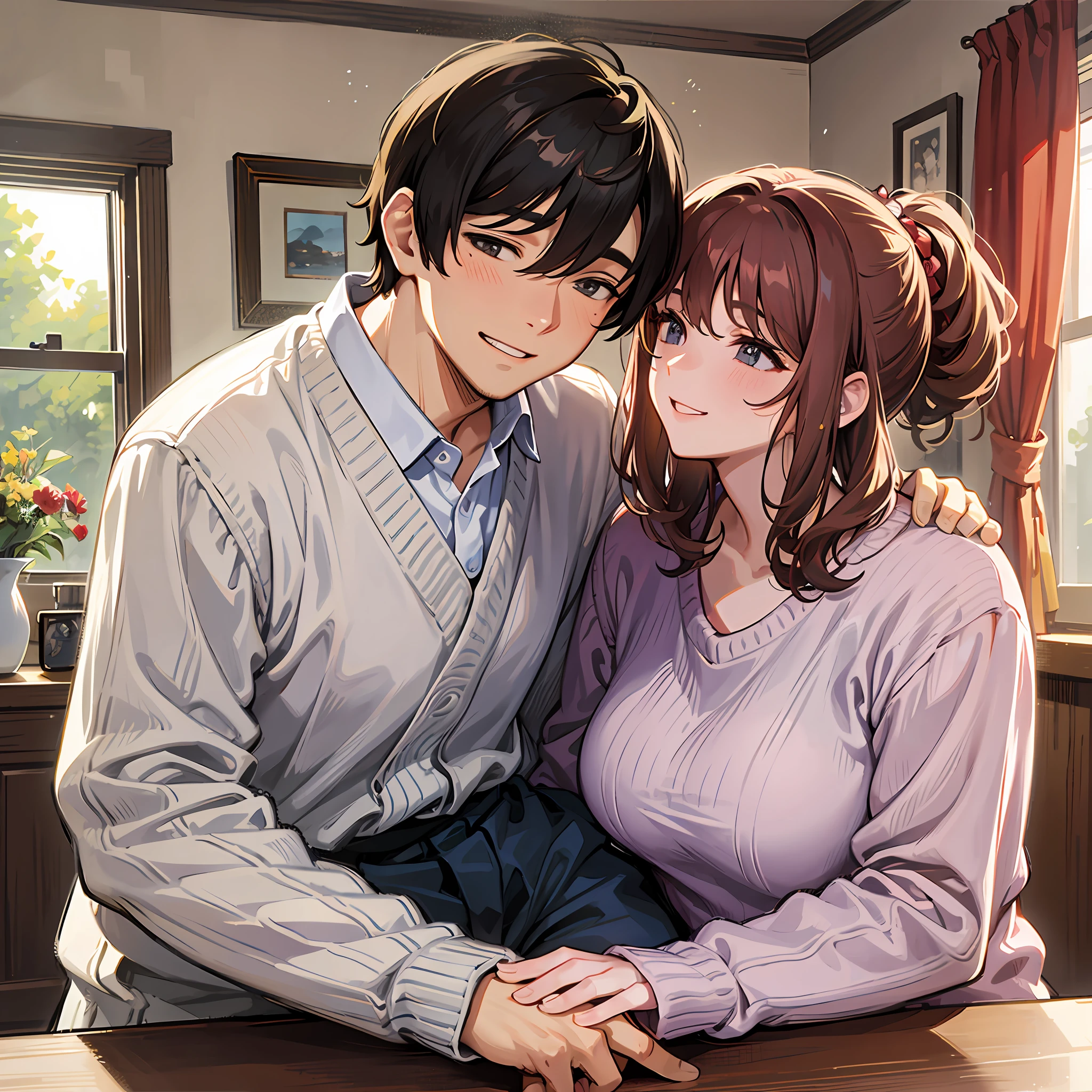 The scene of a middle-aged couple in the room, they are smiling and seem to be happy. The artist may be trying to express the warmth and happiness of a certain family through this scene. The backdrop of the room highlights the couple's family environment, while they are smiling probably because they are enjoying their time together. This kind of picture may make the viewer feel comfortable and warm.