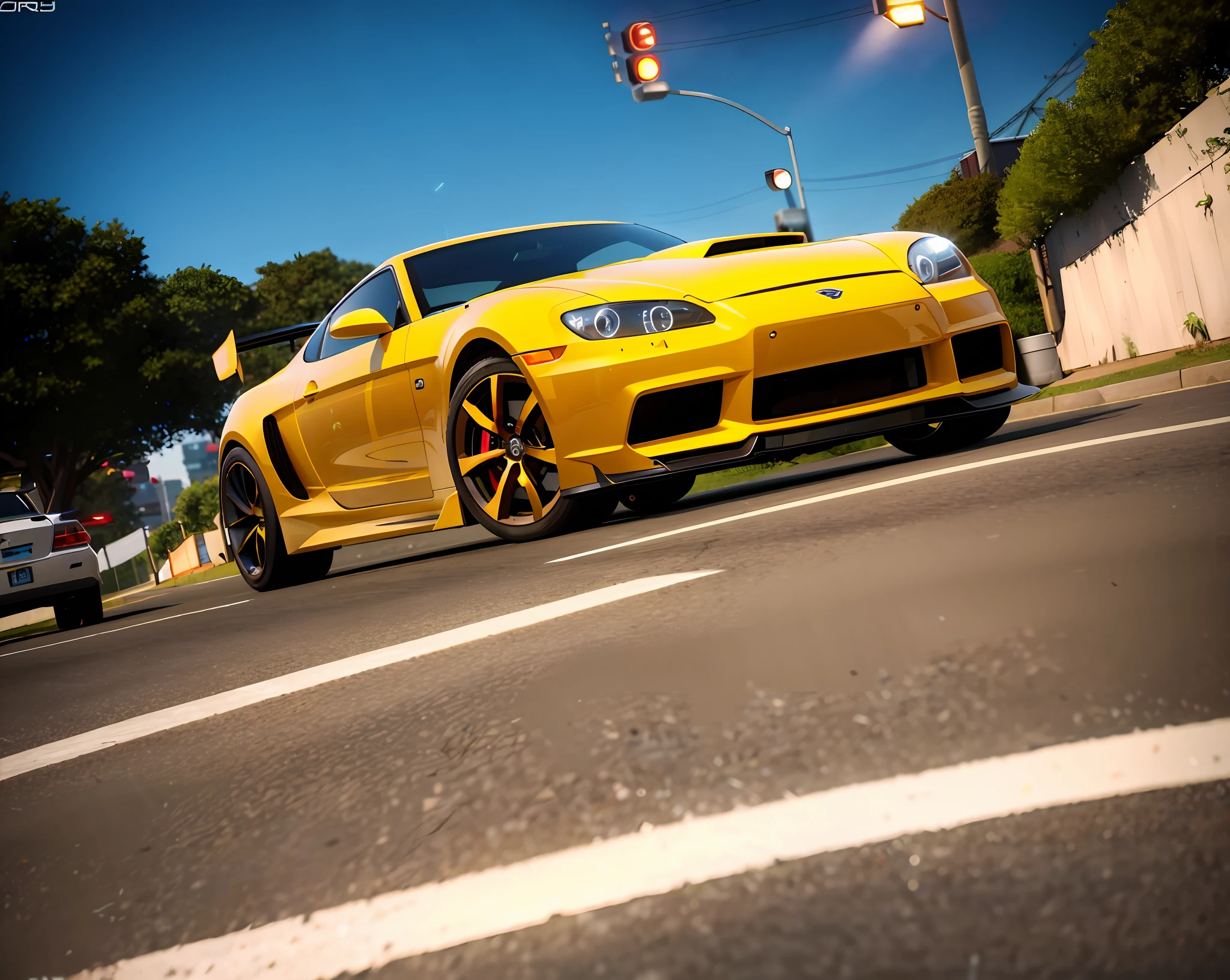Arafed white car driving down a street with a sign in the background, PS 3 screenshot, Game CG, Need for Speed : Carbon, Cinematic Rim Lighting, Need for Speed, Video Game Screenshot, New vehicle, on a street race track, tuned, Skyline on the back, Inspiring, HD", Game Screens Hot, Cinematic Lighting, "Cinematic Lighting", HD screenshot