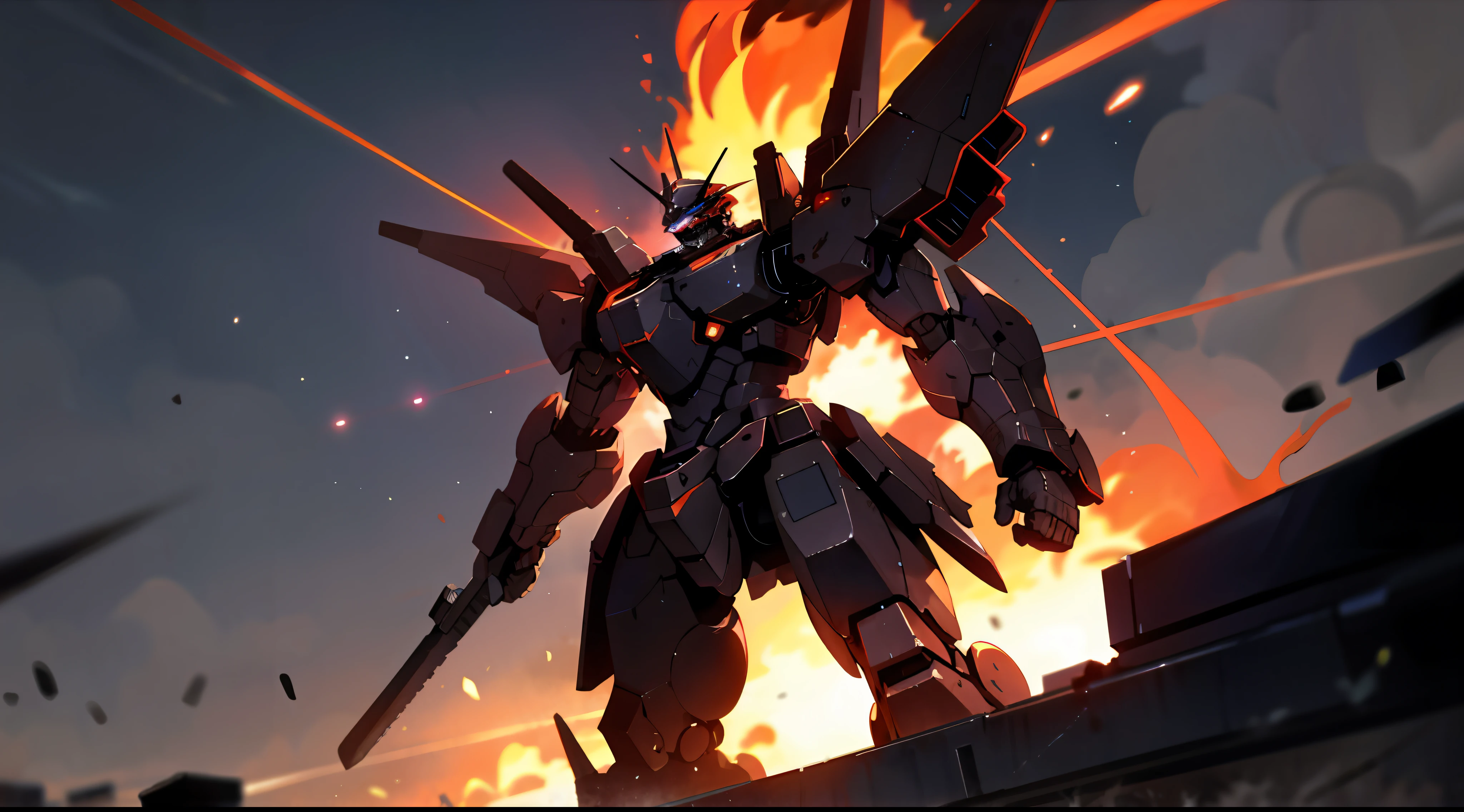 Armored core in a flaming City, Red cosmic blazing sky