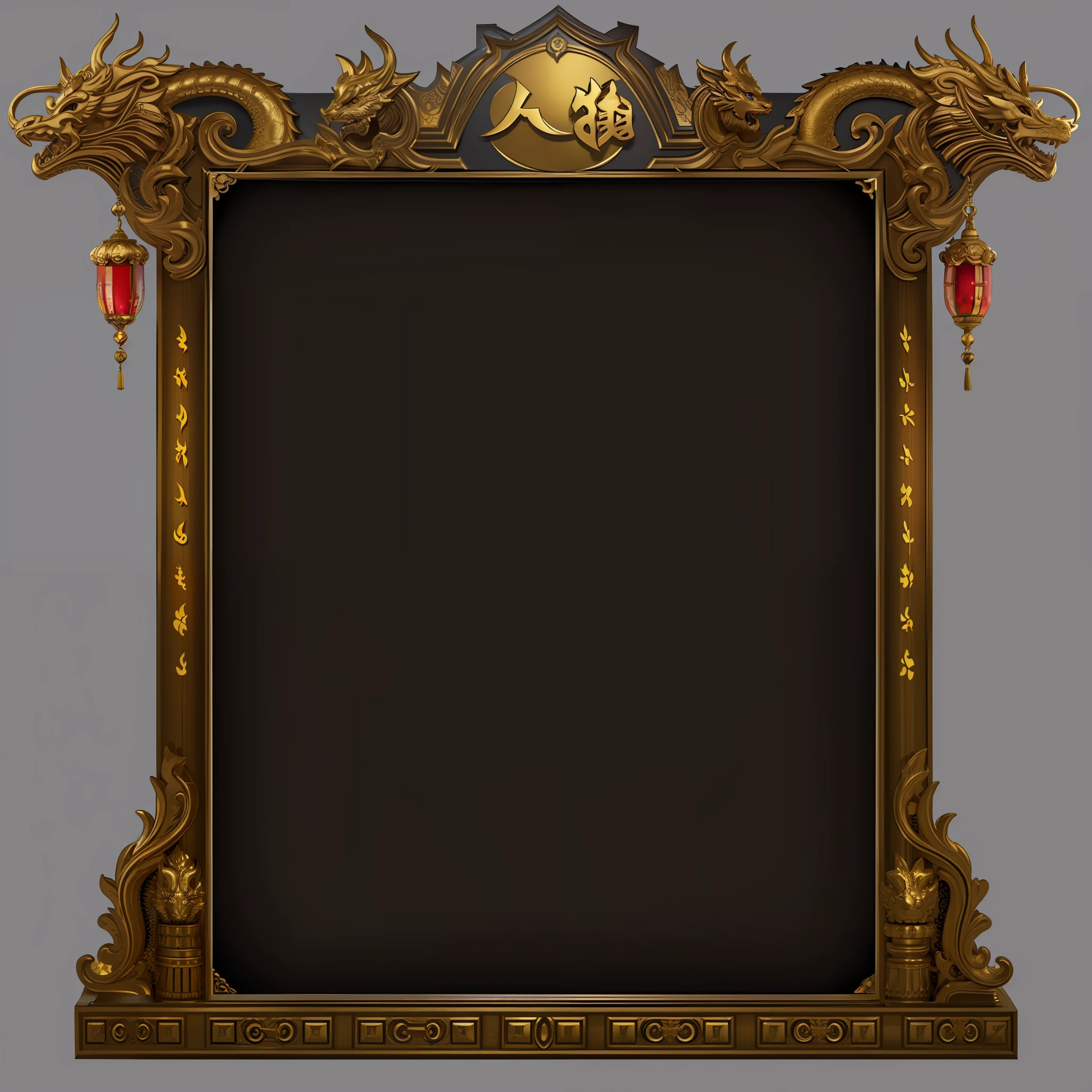there is a picture of a picture frame with a dragon on it, game overlay, ornate borders + concept art, game interface, game asset, game icon asset, game card frame, art piece frame, game ui, game ui asset design, ornate frame, light frame, card frame, background(solid), layout frame, loadscreen, golden frame, temple background --auto --s2