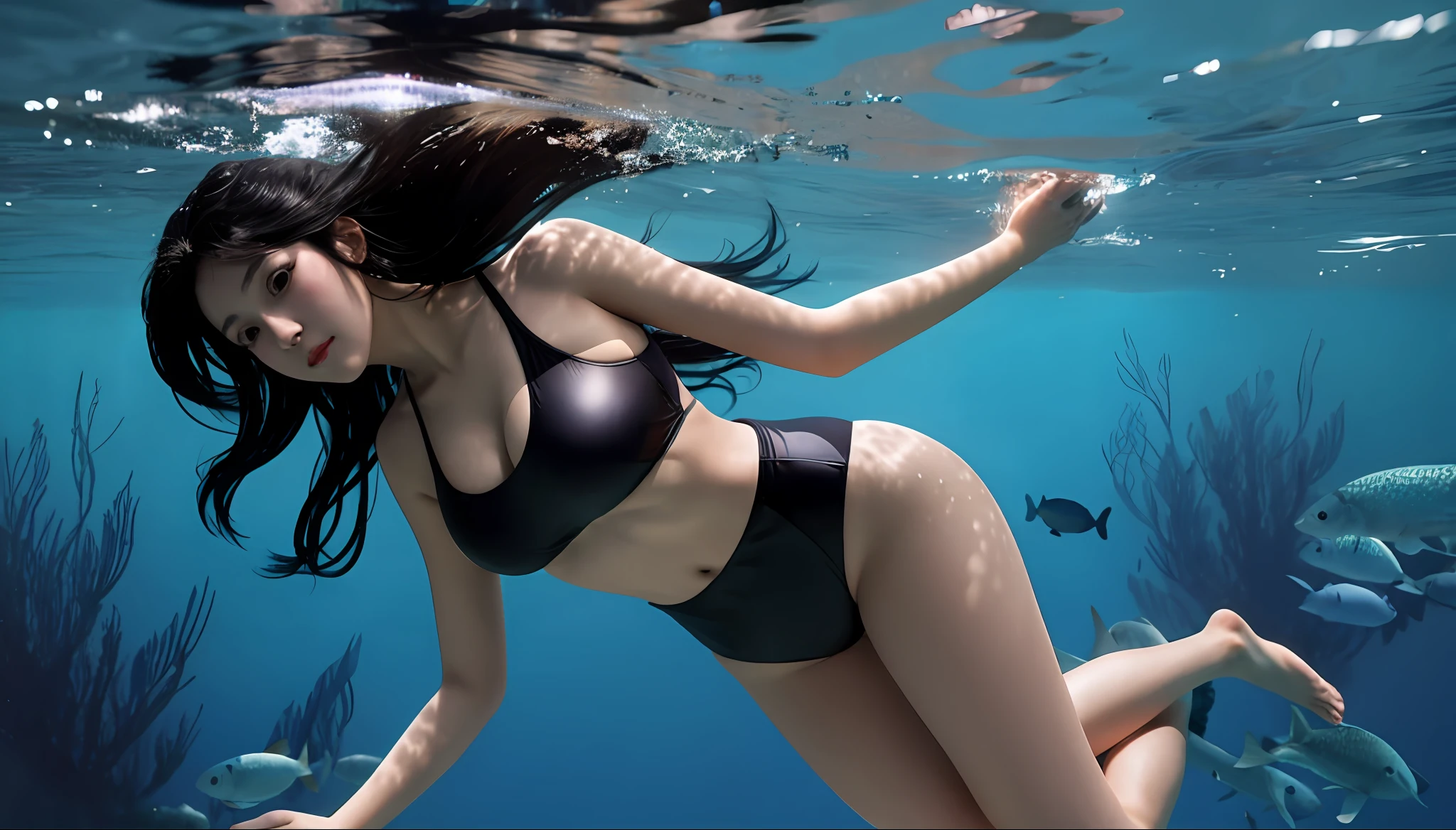 A girl with beautiful black hair, wearing a tight swimsuit, full body shot, partial underwater photography, master work, 8k