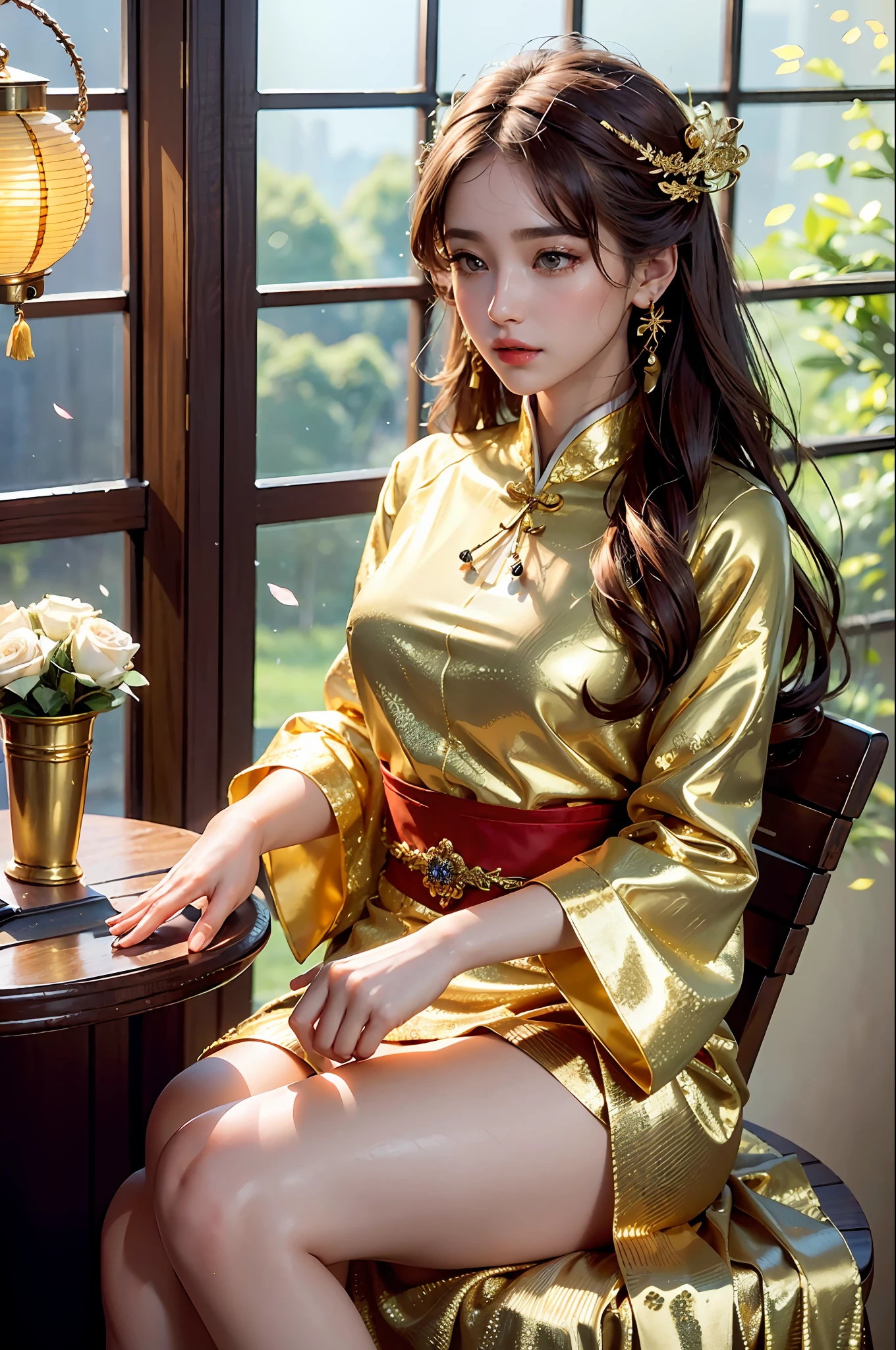 best quality, masterpiece, highres, (exquisite body:1.5),gorgeous face,(milky skin:1.3),intricate details,high resolution,wallpaper,
1girl, solo, dress, hair ornament, (((gold and red dress))), flowers, long hair, brown hair, closed mouth, jewelry, long sleeves, hand up, wide sleeves, big eyes,floating hair, chinese clothes, hanfu, embroidery, long skirt, natural pose, falling petals, indoor,fanning, lantern,
16K,HDR,highres,depth field,(film grain:1.1),boken,golden hour,(lens flare),vignette,rainbowing,(color grading:1.5)