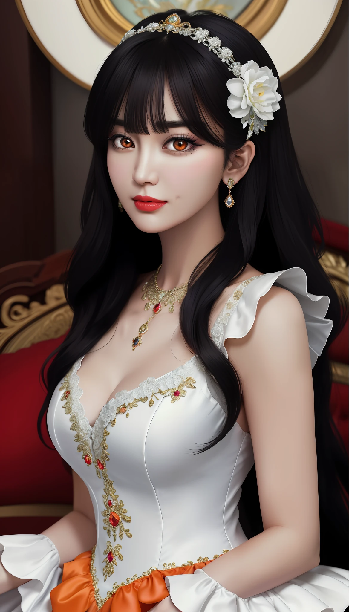 A  up girl, looking at viewer, upper body, realistic,real girl, Front bangs, large breasts and round, excessively frilled princess dress, draped clothes, jewelry, ornament, flower, lace trim, beautiful big and round orange eyes, sharp eyebrows, very sharp and detailed peacock eyelashes and makeup, red lips, Smile without opening your lips, long silky black hair and jewelry clips, masterpiece, best quality, 8k, detailed skin texture, detailed cloth texture, beautiful detailed face, intricate details, ultra detailed, rim lighting, side lighting, cinematic light, ultra high res, 8k uhd, film grain,best shadow, delicate, RAW